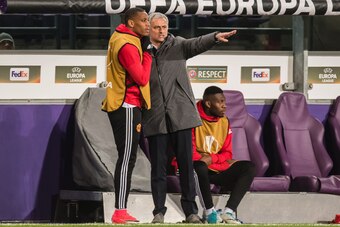 (L-R) Anthony Martial of Manchester United, coach Jose Mourinho of Manchester Unitedduring the UEFA Europa League quarter final match between RSC Anderlecht and Manchester United on April 13, 2017 at Constant Vanden Stock Stadium in Brussels, Belgium.(Pho