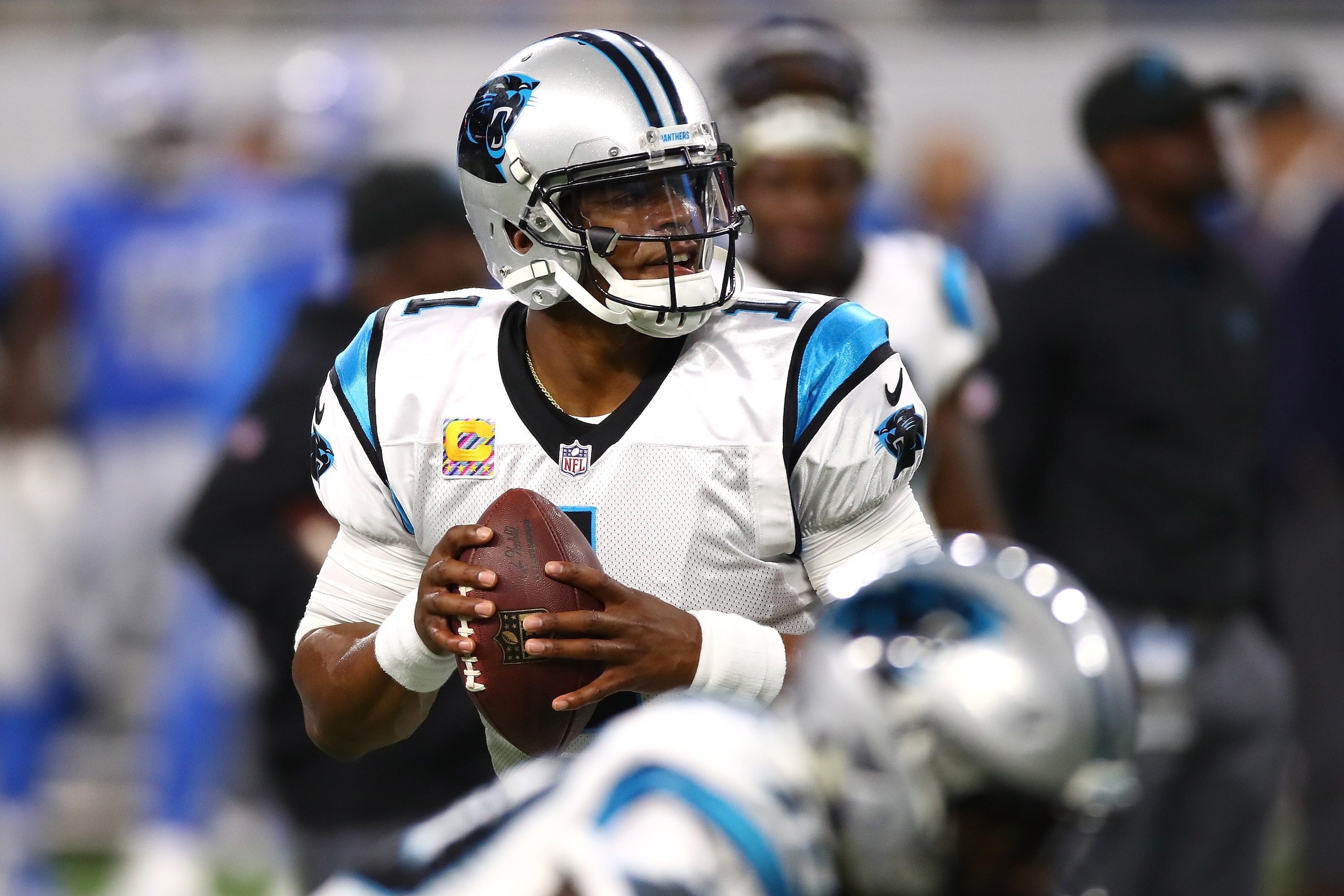 DETROIT, MI - OCTOBER 08: Quarterback Cam Newton #1 of the Carolina Panthers warms up prior to the start of the game against the Detroit Lions at Ford Field on October 8, 2017 in Detroit, Michigan. (Photo by Gregory Shamus/Getty Images) DETROIT, MI - OCTOBER 08: Quarterback Cam Newton #1 of the Carolina Panthers warms up prior to the start of the game against the Detroit Lions at Ford Field on October 8, 2017 in Detroit, Michigan. (Photo by Gregory Shamus/Getty Images)