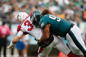 PHILADELPHIA, PA - OCTOBER 08: Elijah Qualls #98 of the Philadelphia Eagles tackles quarterback  Carson Palmer #3 of the Arizona Cardinals during the second half at Lincoln Financial Field on October 8, 2017 in Philadelphia, Pennsylvania.  (Photo by Rich 