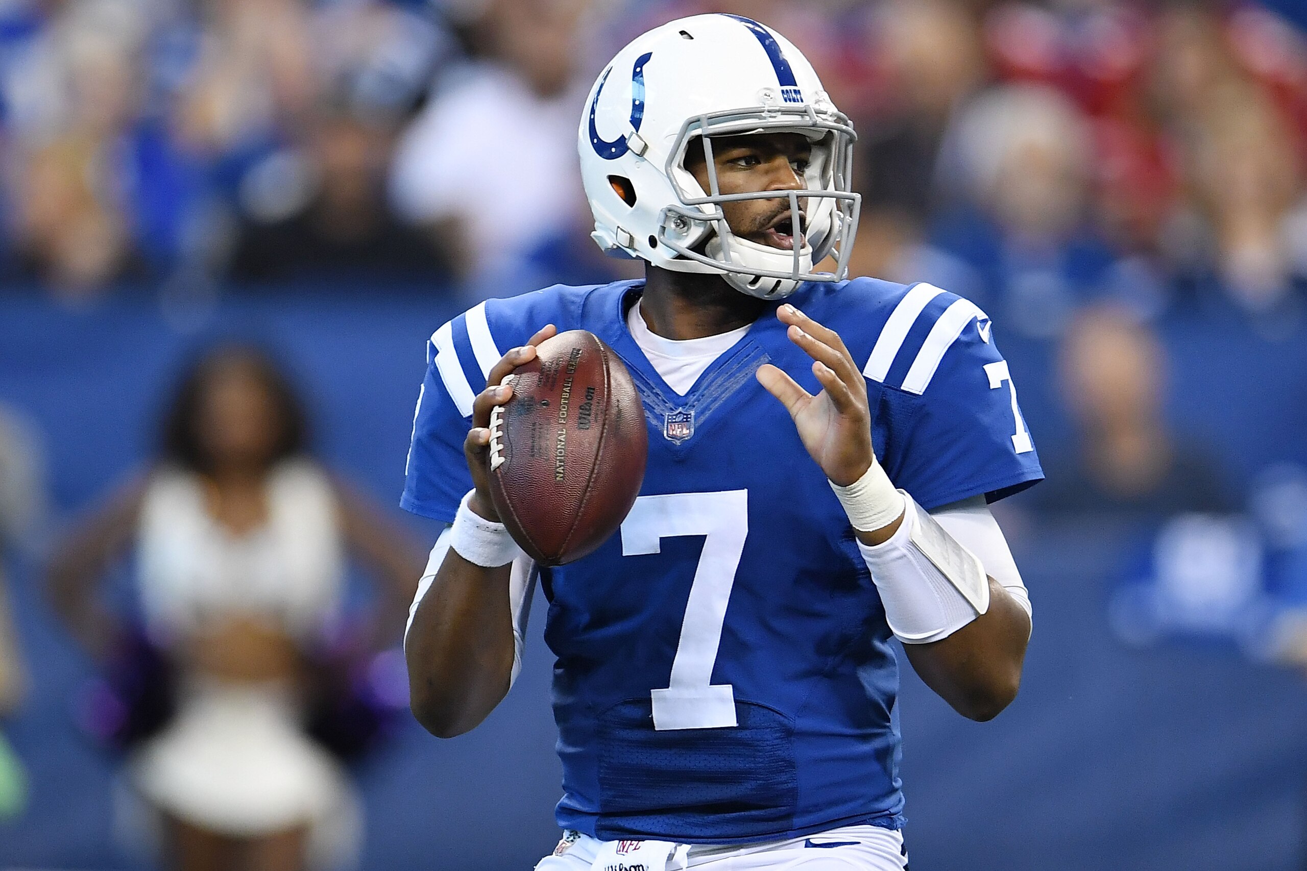 INDIANAPOLIS, IN - OCTOBER 08:  Jacoby Brissett #7 of the Indianapolis Colts drops back to pass during the second quarter of a game against the San Francisco 49ers at Lucas Oil Stadium on October 8, 2017 in Indianapolis, Indiana.  (Photo by Stacy Revere/G