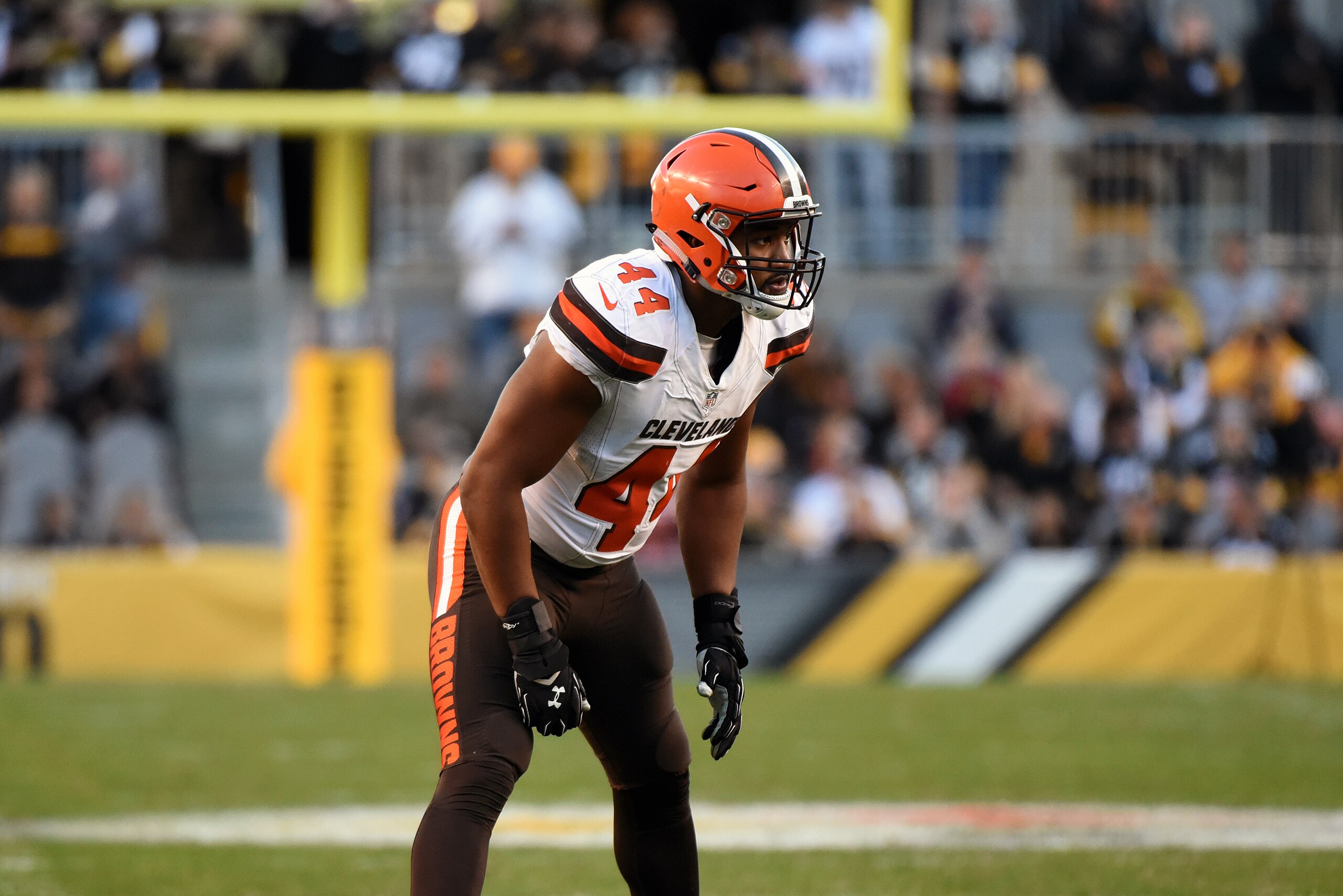 PITTSBURGH, PA - NOVEMBER 15:  Linebacker Nate Orchard #44 of the Cleveland Browns looks on from the field during a game against the Pittsburgh Steelers at Heinz Field on November 15, 2015 in Pittsburgh, Pennsylvania.  The Steelers defeated the Browns 30-
