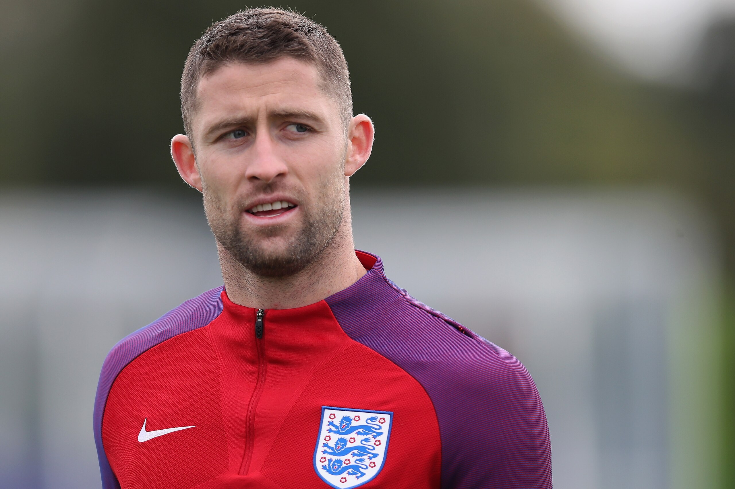 ENFIELD, ENGLAND - OCTOBER 04:  Gary Cahill of England looks on in a warm up during an England training session at Hotspur Way on October 4, 2017 in Enfield, England.  (Photo by Julian Finney/Getty Images)