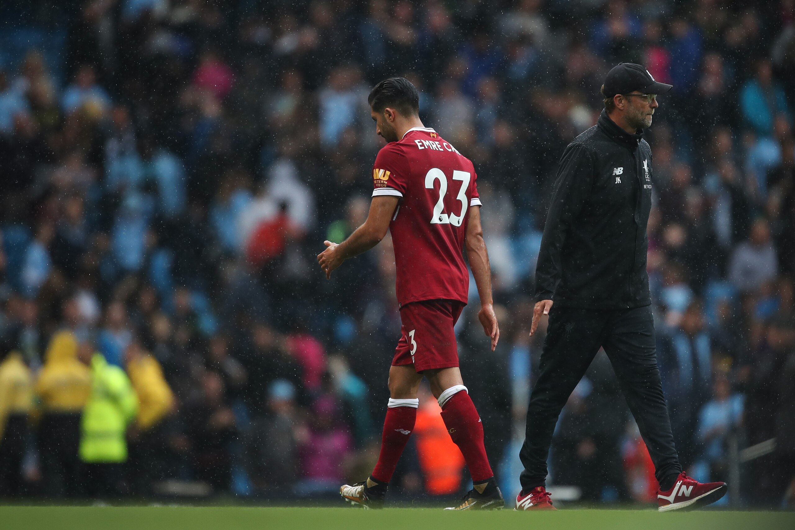 MANCHESTER, ENGLAND - SEPTEMBER 09: Emre Can of Liverpool and Jurgen Klopp manager / head coach of Liverpool dejected at full time during the Premier League match between Manchester City and Liverpool at Etihad Stadium on September 9, 2017 in Manchester, MANCHESTER, ENGLAND - SEPTEMBER 09: Emre Can of Liverpool and Jurgen Klopp manager / head coach of Liverpool dejected at full time during the Premier League match between Manchester City and Liverpool at Etihad Stadium on September 9, 2017 in Manchester,