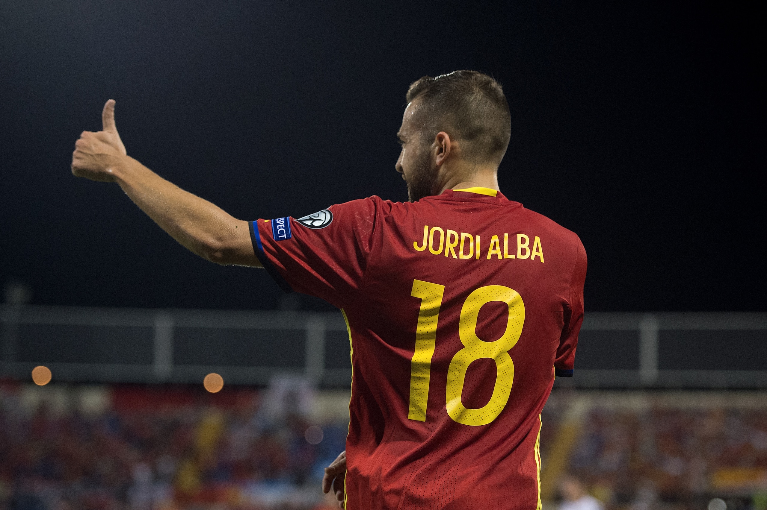 ALICANTE, SPAIN - OCTOBER 06: Jordi Alba of Spain reacts during the FIFA 2018 World Cup Qualifier between Spain and Albania at Estadio Jose Rico Perez on October 6, 2017 in Alicante, Spain. (Photo by Denis Doyle/Getty Images)