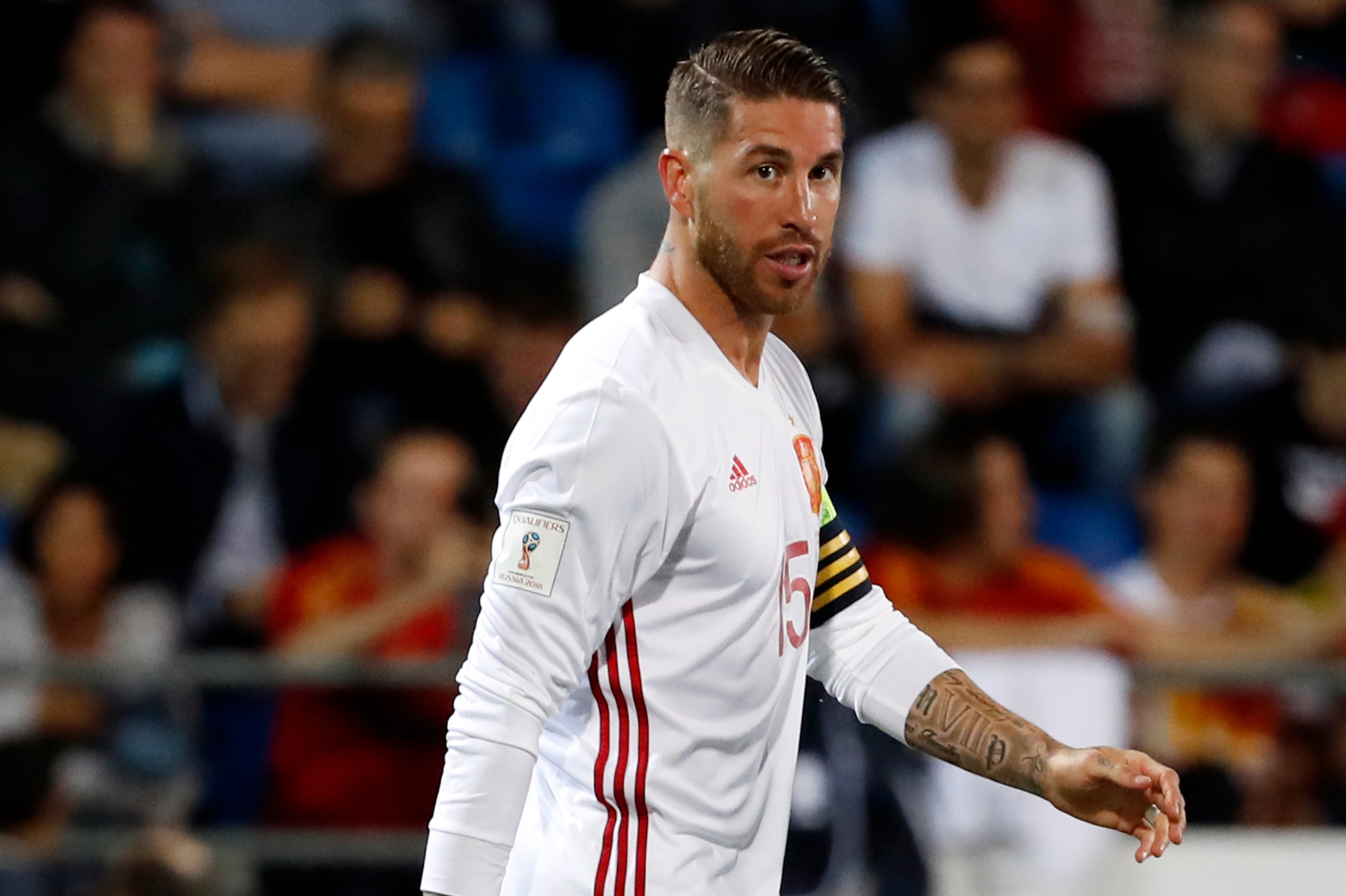 VADUZ, LIECHTENSTEIN - SEPTEMBER 05: Sergio Ramos of Spain looks on during the FIFA 2018 World Cup Qualifier between Liechtenstein and Spain at Rheinpark Stadion on September 5, 2017 in Vaduz, Liechtenstein. (Photo by TF-Images/TF-Images via Getty Images)