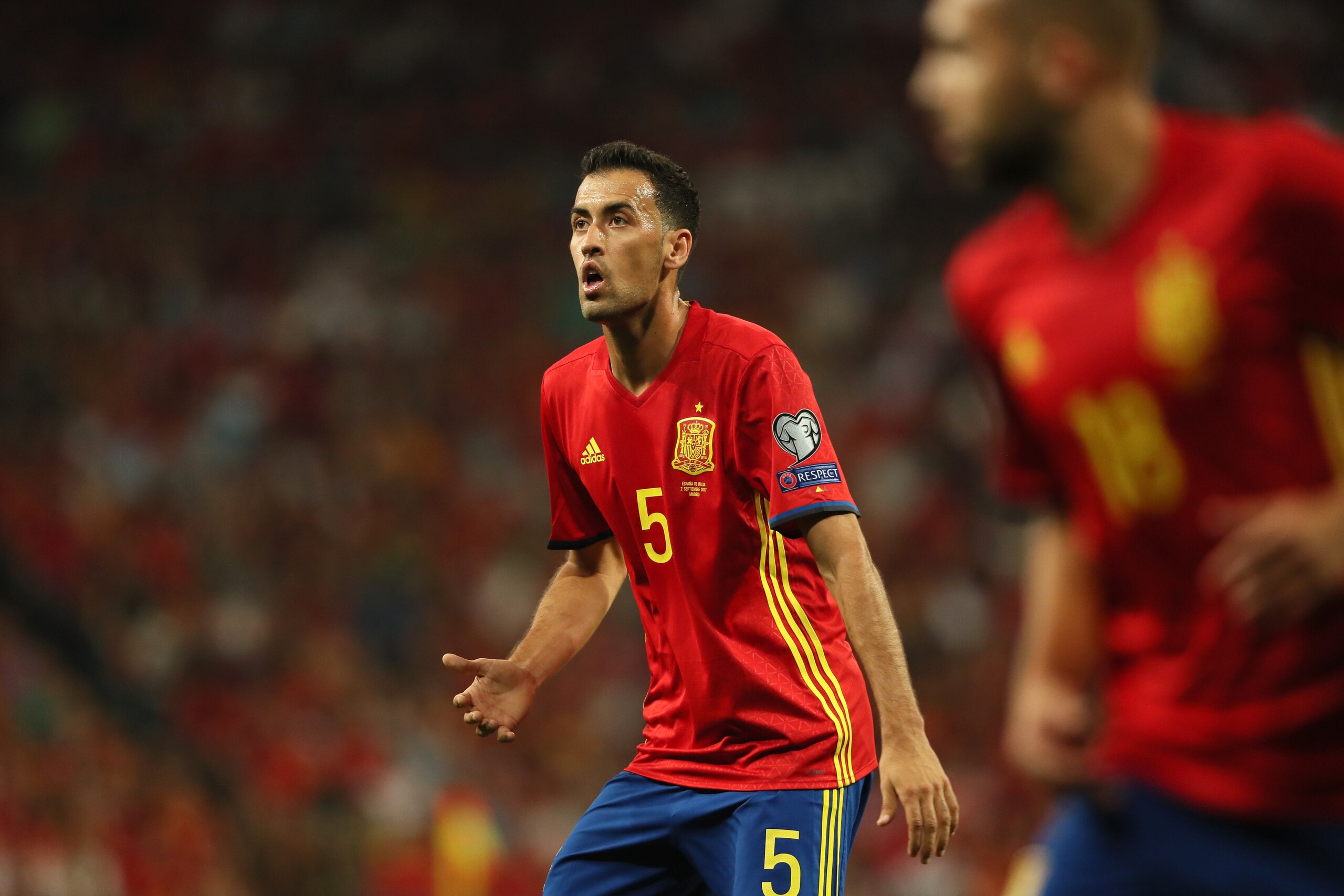 MADRID, SPAIN - SEPTEMBER 02:  Sergio Busquets of Spain in action during the FIFA 2018 World Cup Qualifier between Spain and Italy at Estadio Santiago Bernabeu on September 2, 2017 in Madrid, Spain.  (Photo by Matthew Ashton - AMA/Getty Images)