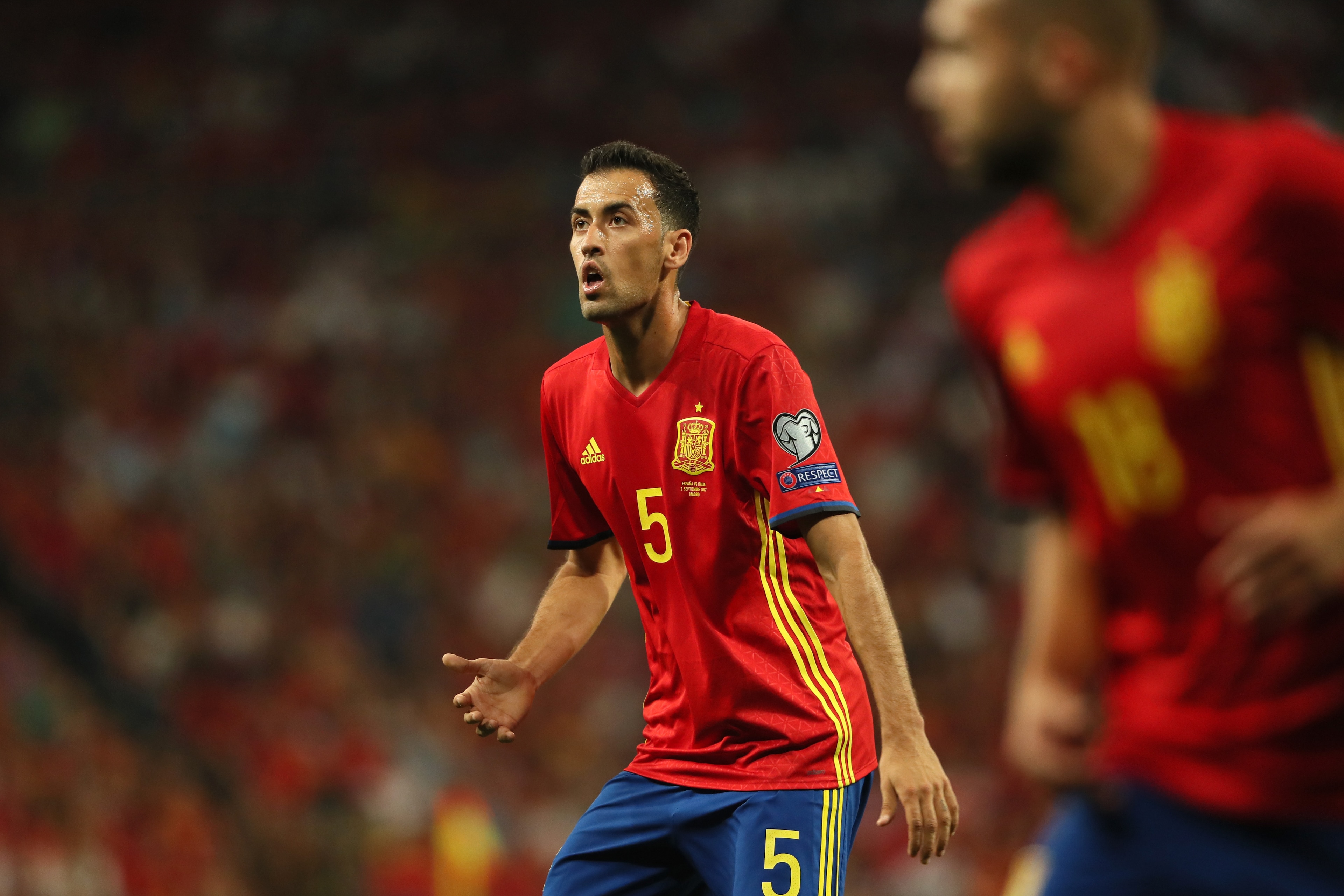 MADRID, SPAIN - SEPTEMBER 02:  Sergio Busquets of Spain in action during the FIFA 2018 World Cup Qualifier between Spain and Italy at Estadio Santiago Bernabeu on September 2, 2017 in Madrid, Spain.  (Photo by Matthew Ashton - AMA/Getty Images)