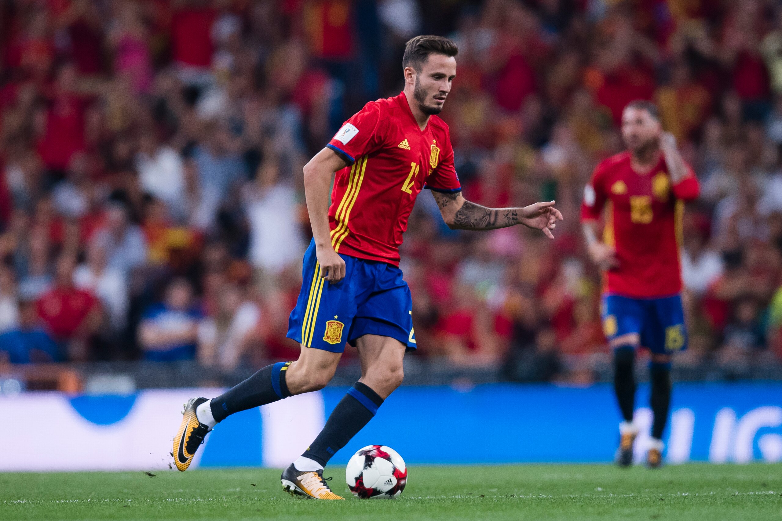 MADRID, SPAIN - SEPTEMBER 02: Saul of Spain in action during the 2018 FIFA World Cup Russia Final Qualification Round 1 Group G match between Spain and Italy on 02 September 2017, at Santiago Bernabeu Stadium, in Madrid, Spain. (Photo by Power Sport Image