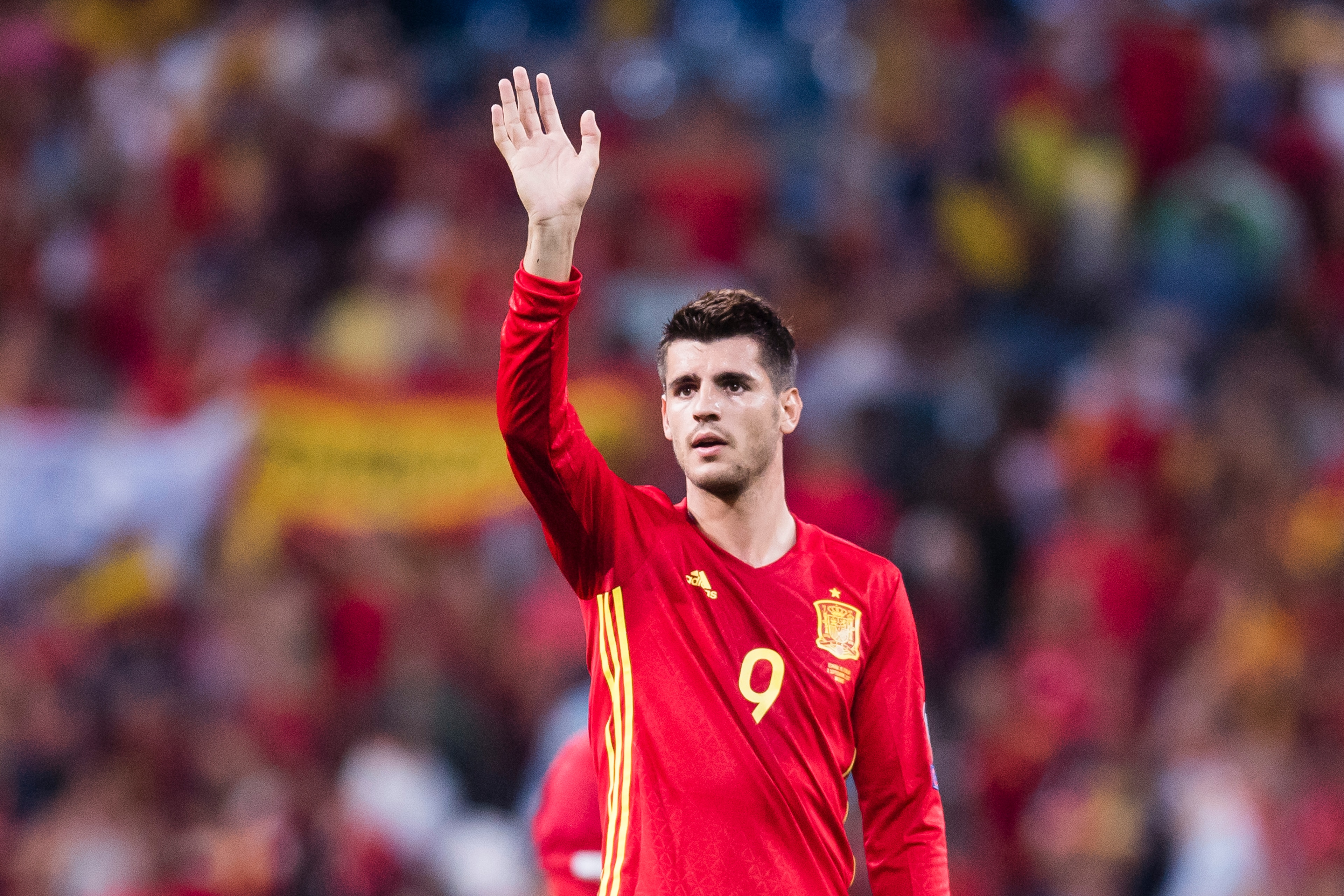 MADRID, SPAIN - SEPTEMBER 02: Alvaro Morata of Spain gestures during the 2018 FIFA World Cup Russia Final Qualification Round 1 Group G match between Spain and Italy on 02 September 2017, at Santiago Bernabeu Stadium, in Madrid, Spain. (Photo by Power Spo