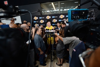 Lonzo Ball participates in his first media day with the Los Angeles Lakers.