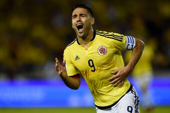 Colombia's Radamel Falcao celebrates after scoring against Paraguay during their 2018 World Cup football qualifier match in Barranquilla, Colombia, on October 5, 2017. / AFP PHOTO / Raul ARBOLEDA        (Photo credit should read RAUL ARBOLEDA/AFP/Getty Im