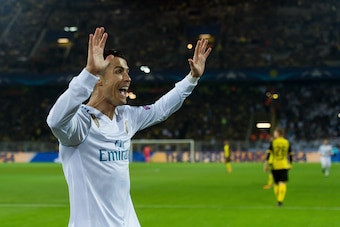 DORTMUND, GERMANY - SEPTEMBER 26: Cristiano Ronaldo of Real Madrid celebrate his goal during the UEFA Champions League group H match between Borussia Dortmund and Real Madrid at Signal Iduna Park on September 26, 2017 in Dortmund, Germany. (Photo by TF-Im