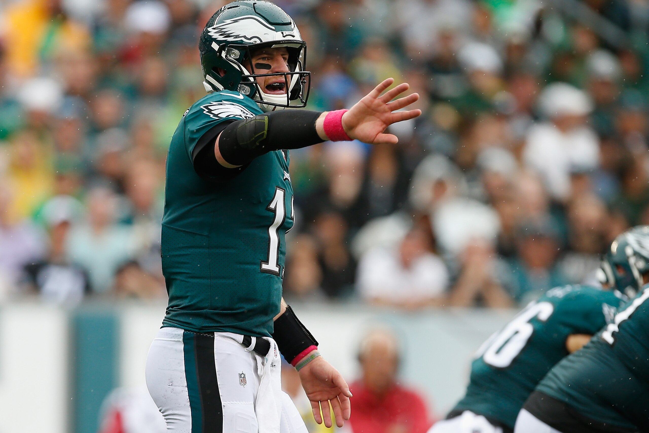 PHILADELPHIA, PA - OCTOBER 08: Quarterback  Carson Wentz #11 of the Philadelphia Eagles reacts against the Arizona Cardinals during the first half at Lincoln Financial Field on October 8, 2017 in Philadelphia, Pennsylvania.  (Photo by Rich Schultz/Getty I
