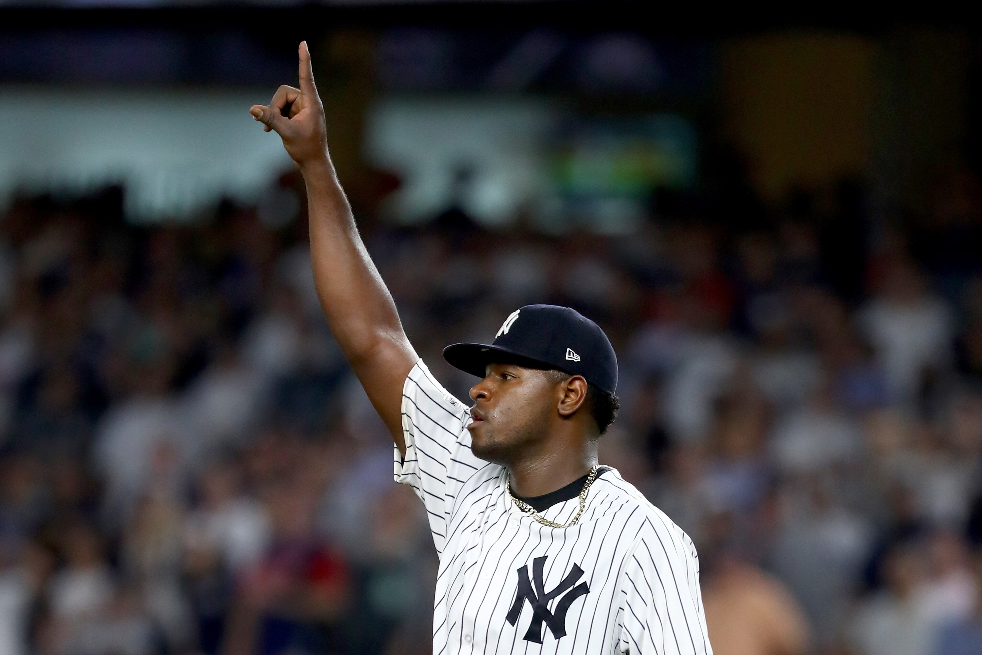 NEW YORK, NY - OCTOBER 09: Luis Severino #40 of the New York Yankees celebrates against the Cleveland Indians during the sixth inning in Game Four of the American League Divisional Series at Yankee Stadium on October 9, 2017 in the Bronx borough of New Y NEW YORK, NY - OCTOBER 09: Luis Severino #40 of the New York Yankees celebrates against the Cleveland Indians during the sixth inning in Game Four of the American League Divisional Series at Yankee Stadium on October 9, 2017 in the Bronx borough of New Y