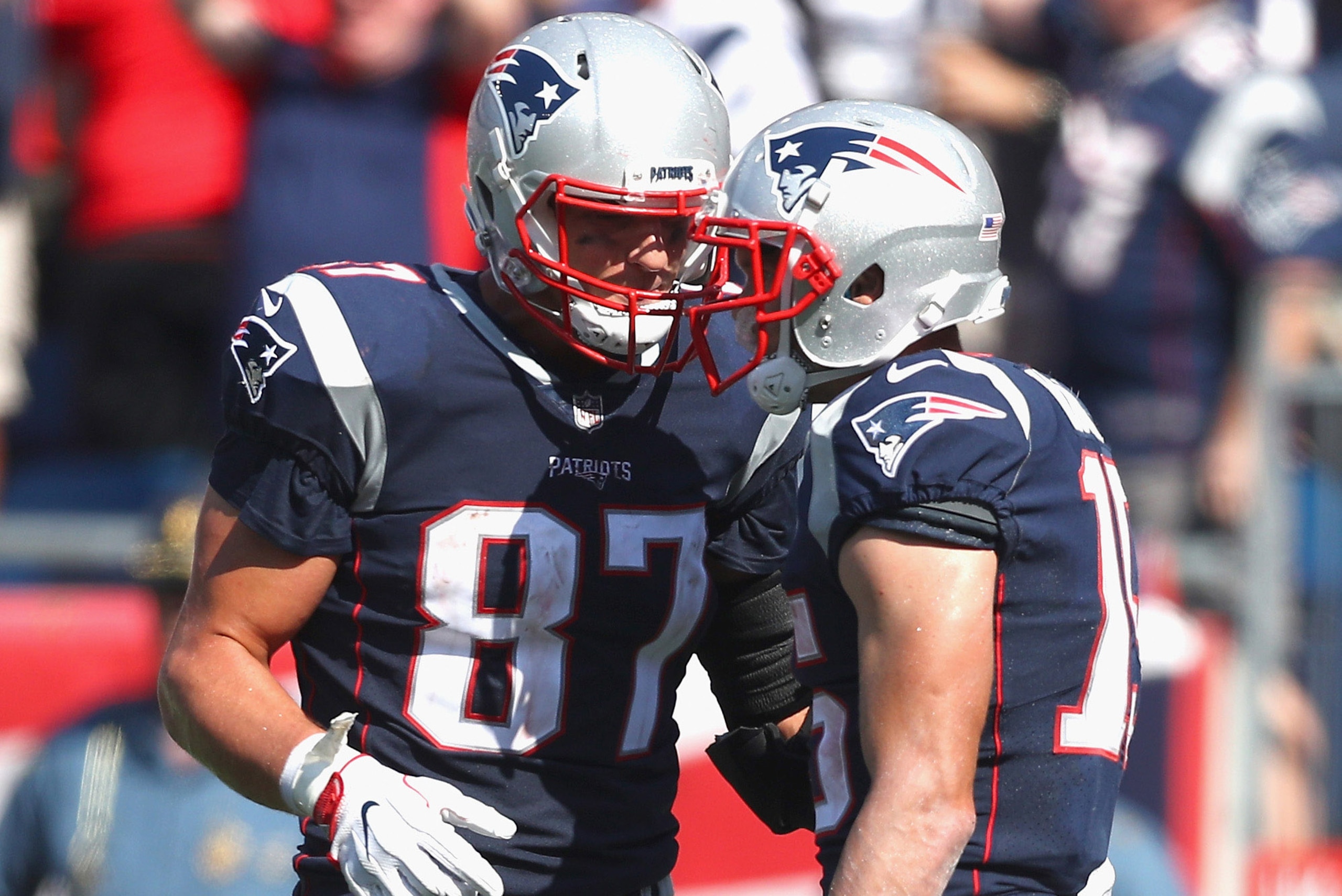 FOXBORO, MA - SEPTEMBER 24:  Chris Hogan #15 of the New England Patriots reacts with Rob Gronkowski #87 after catching a touchdown pass during the second quarter of a game against the Houston Texans during a game at Gillette Stadium on September 24, 2017 