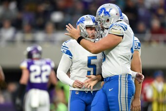 MINNEAPOLIS, MN - OCTOBER 1: Matt Prater #5 of the Detroit Lions celebrates with teammates after kicking a field goal in the second quarter of the game against the Minnesota Vikings on October 1, 2017 at U.S. Bank Stadium in Minneapolis, Minnesota. (Photo