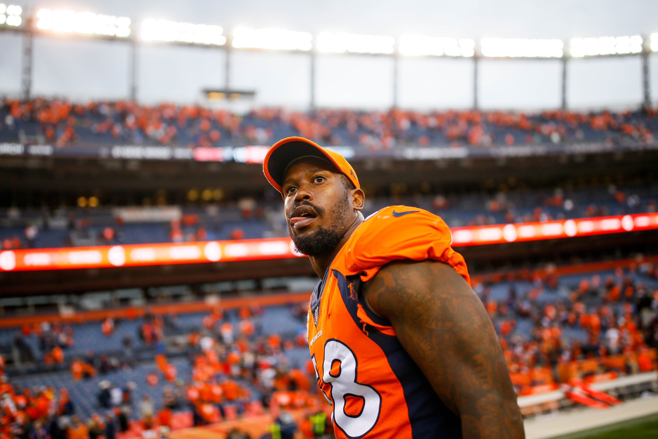 DENVER, CO - OCTOBER 1:  Outside linebacker Von Miller #58 of the Denver Broncos walks off the field after a 16-10 win over the Oakland Raiders at Sports Authority Field at Mile High on October 1, 2017 in Denver, Colorado. (Photo by Justin Edmonds/Getty I