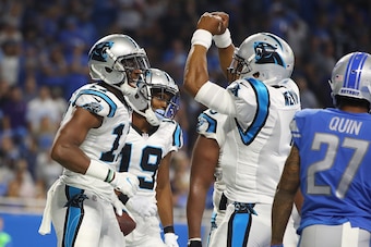 DETROIT, MI - OCTOBER 08: Wide receiver Devin Funchess #17 of the Carolina Panthers celebrates with quarterback Cam Newton #1 after scoring a touchdown against Detroit Lions during the first half at Ford Field on October 8, 2017 in Detroit, Michigan. (Pho