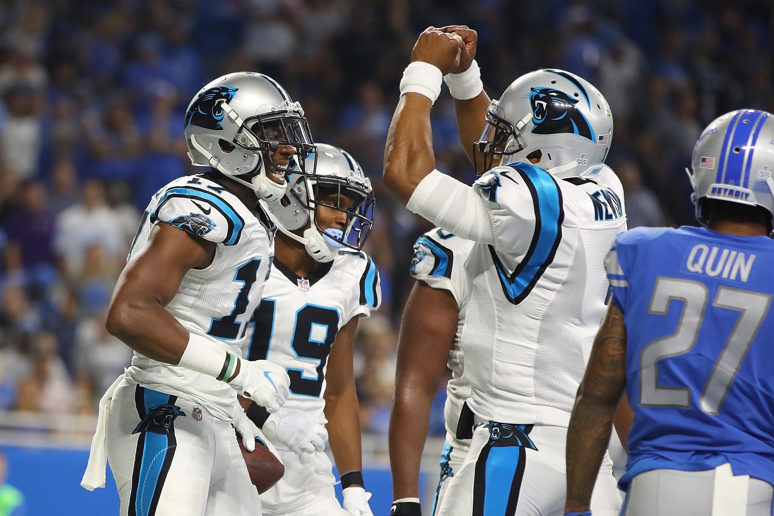 DETROIT, MI - OCTOBER 08: Wide receiver Devin Funchess #17 of the Carolina Panthers celebrates with quarterback Cam Newton #1 after scoring a touchdown against Detroit Lions during the first half at Ford Field on October 8, 2017 in Detroit, Michigan. (Pho