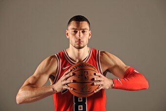 CHICAGO, IL - SEPTEMBER 25: Zach LaVine #8 of the Chicago Bulls poses for a portrait during the 2017-18 NBA Media Day on September 25, 2017 at the United Center in Chicago, Illinois. NOTE TO USER: User expressly acknowledges and agrees that, by downloadin