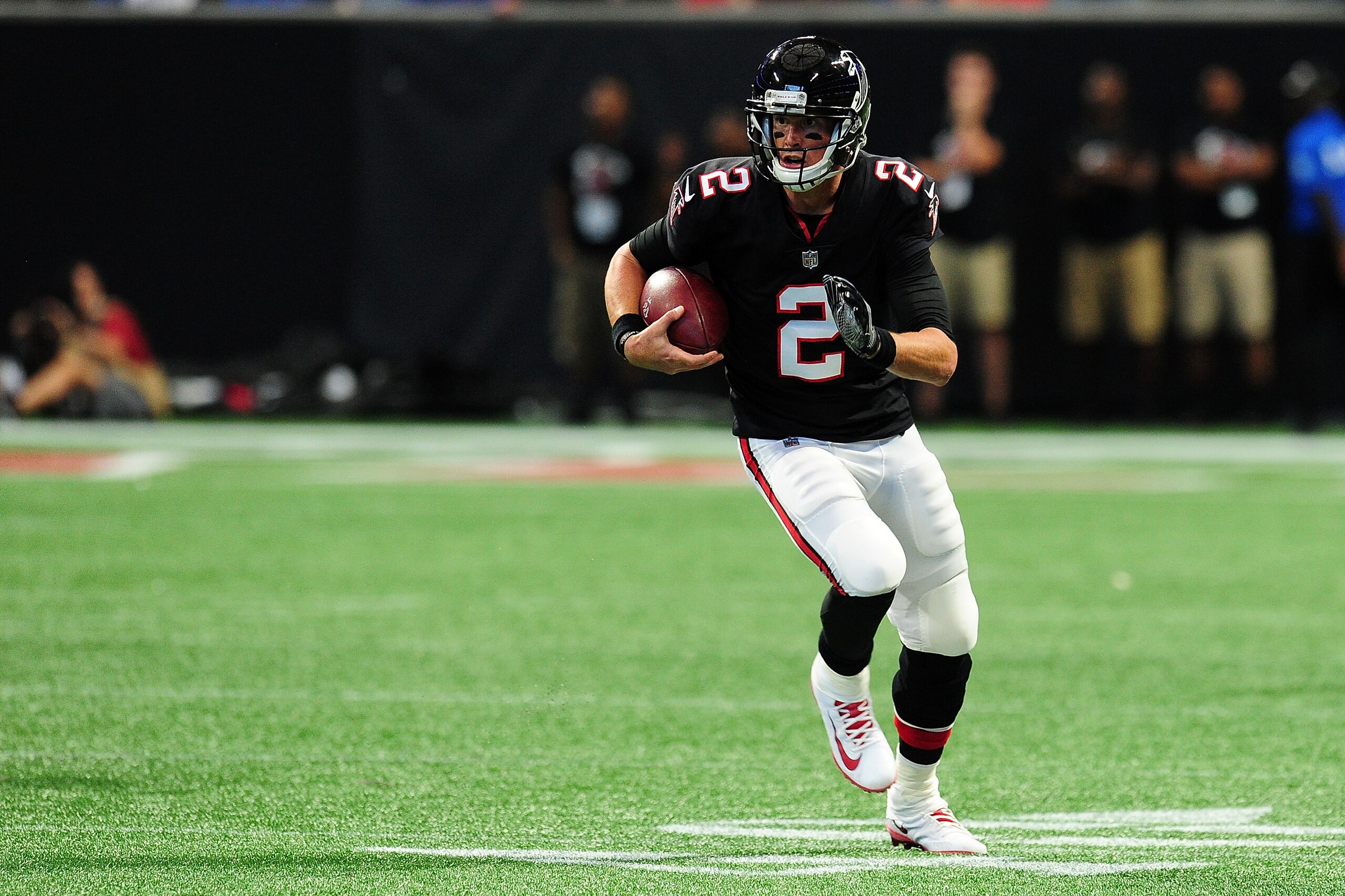 ATLANTA, GA - OCTOBER 01: Matt Ryan #2 of the Atlanta Falcons runs the ball during the second half against the Buffalo Bills at Mercedes-Benz Stadium on October 1, 2017 in Atlanta, Georgia. (Photo by Scott Cunningham/Getty Images)