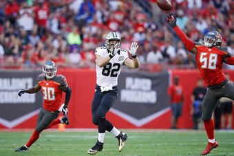 TAMPA, FL - DECEMBER 11: Kwon Alexander #58 of the Tampa Bay Buccaneers tips a pass intended for Coby Fleener #82 of the New Orleans Saints in the second quarter of the game at Raymond James Stadium on December 11, 2016 in Tampa, Florida. The pass was int