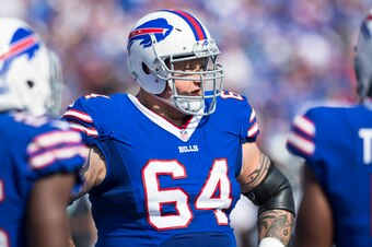 ORCHARD PARK, NY - SEPTEMBER 10:  Richie Incognito #64 of the Buffalo Bills stands in a huddle during the second half against the New York Jets on September 10, 2017 at New Era Field in Orchard Park, New York. Buffalo defeats New York 21-12.  (Photo by Br