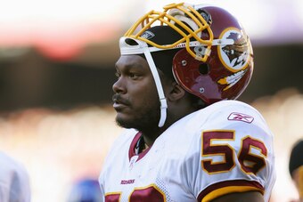 LANDOVER, MD - DECEMBER 24:  Linebacker LaVar Arrington #56 of the Washington Redskins looks on against the New York Giants at FedExField on December 24, 2005 in Landover, Maryland. The Redskins defeated the Giants 35-10. (Photo by Jim McIsaac/Getty Image