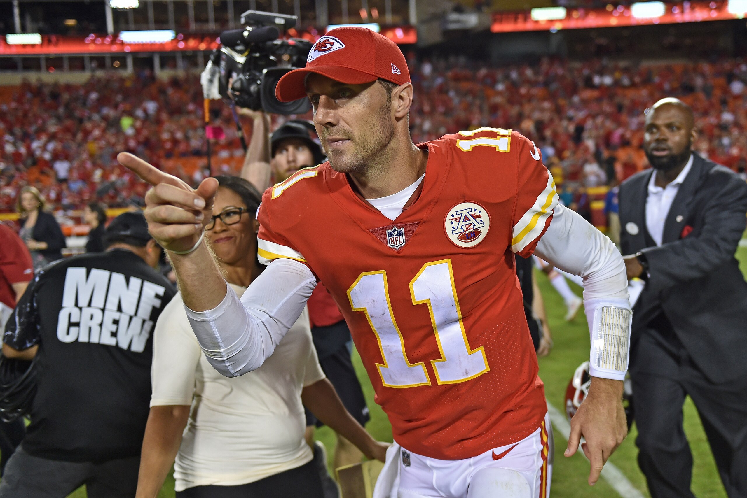 KANSAS CITY, MO - OCTOBER 02:  Quarterback Alex Smith #11 of the Kansas City Chiefs reacts after a game against the Washington Redskins on October 2, 2017 at Arrowhead Stadium in Kansas City, Missouri.  (Photo by Peter G. Aiken/Getty Images)