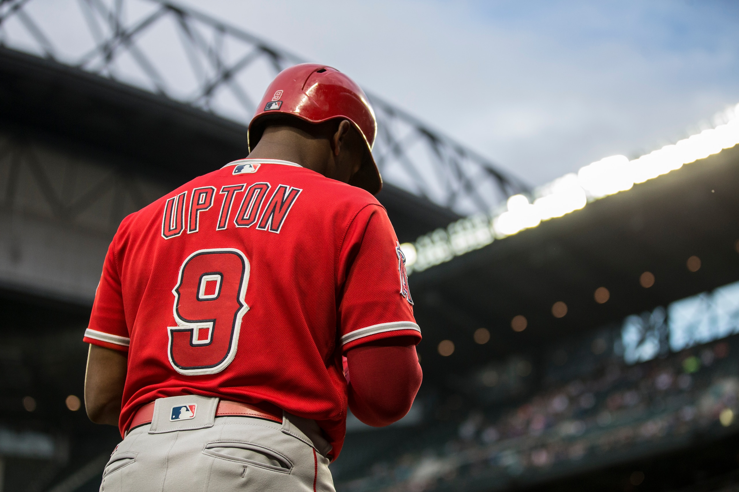 SEATTLE, WA - SEPTEMBER 9: Justin Upton #9 of the Los Angeles Angels of Anaheim stands in the on deck circle during a game against the Seattle Mariners at Safeco Field on September 9, 2017 in Seattle, Washington. The Mariners won the game 8-1. (Photo by S