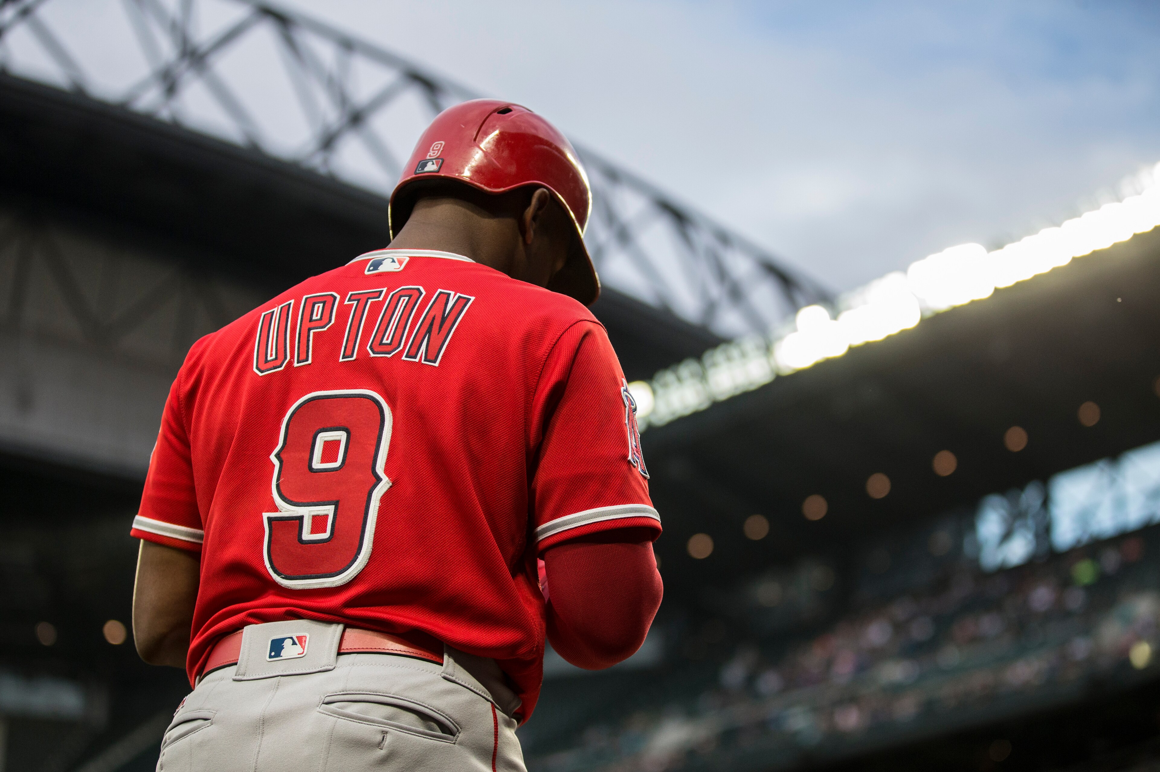 SEATTLE, WA - SEPTEMBER 9: Justin Upton #9 of the Los Angeles Angels of Anaheim stands in the on deck circle during a game against the Seattle Mariners at Safeco Field on September 9, 2017 in Seattle, Washington. The Mariners won the game 8-1. (Photo by S