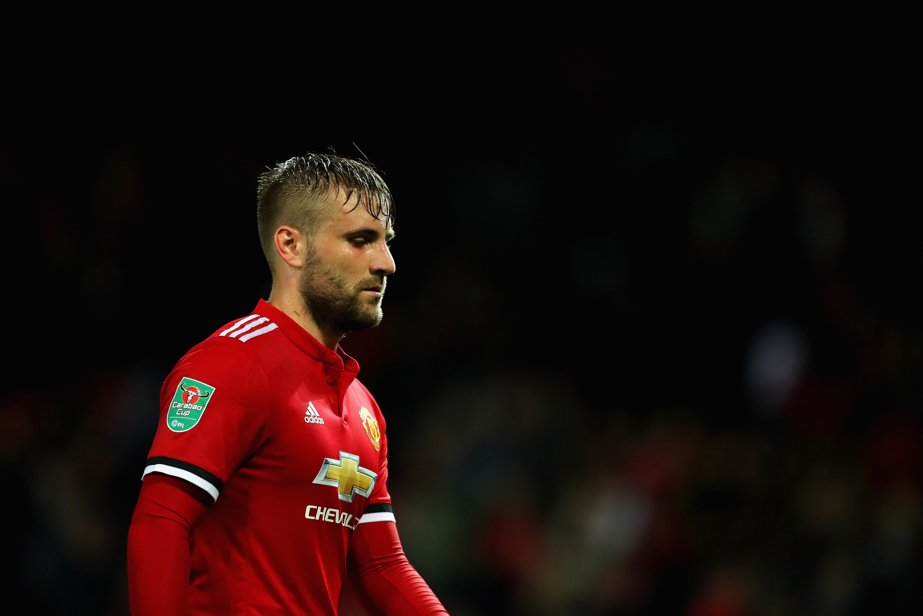 MANCHESTER, ENGLAND - SEPTEMBER 20:  Luke Shaw of Manchester United looks on during the Carabao Cup Third Round match between Manchester United and Burton Albion at Old Trafford on September 20, 2017 in Manchester, England.  (Photo by Richard Heathcote/Ge