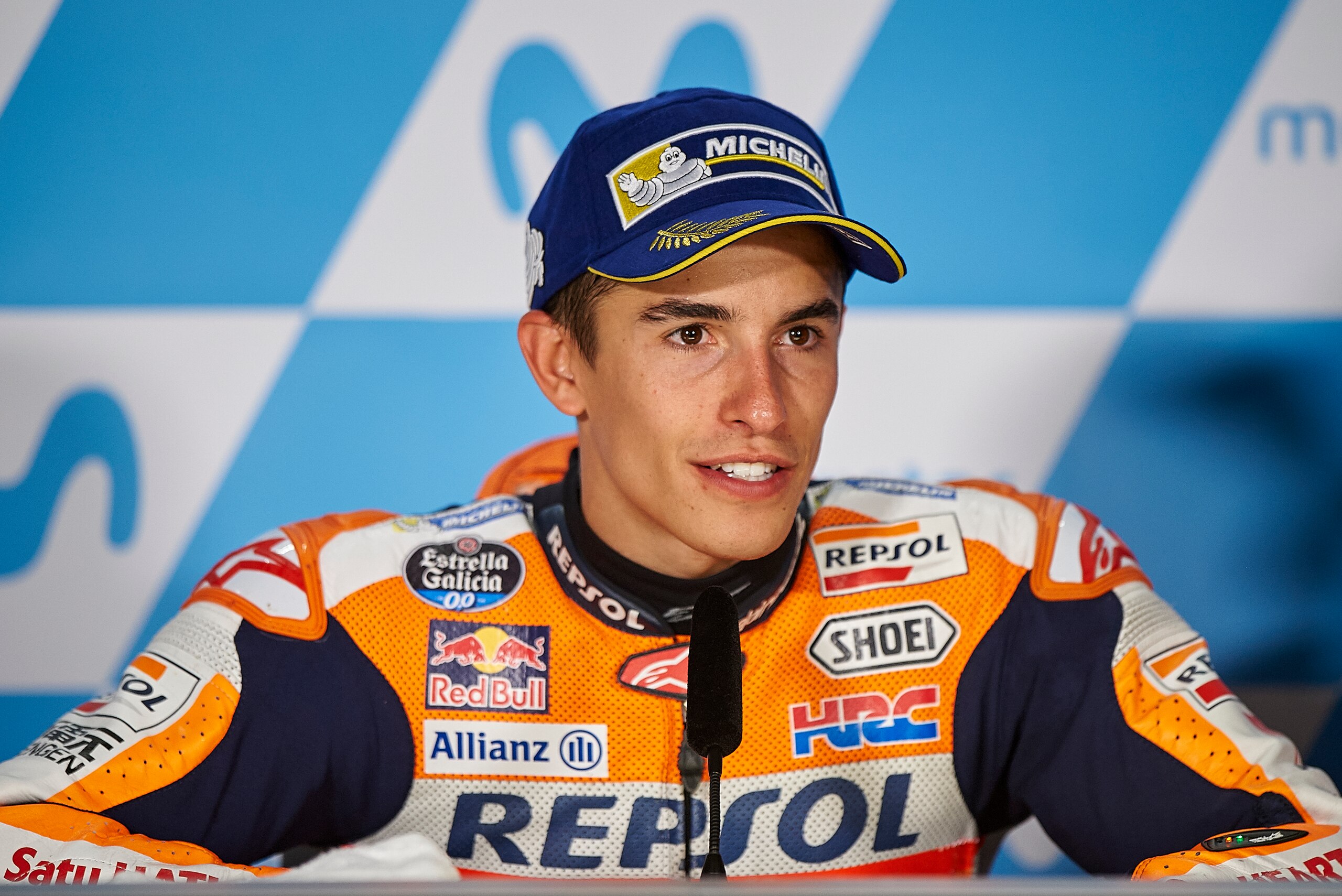 ALCANIZ, SPAIN - SEPTEMBER 24:  Marc Marquez of Spain and Repsol Honda Team at the press conference after the race for the MotoGP of Aragon at Motorland Aragon Circuit on September 24, 2017 in Alcaniz, Spain.  (Photo by fotopress/Getty Images)