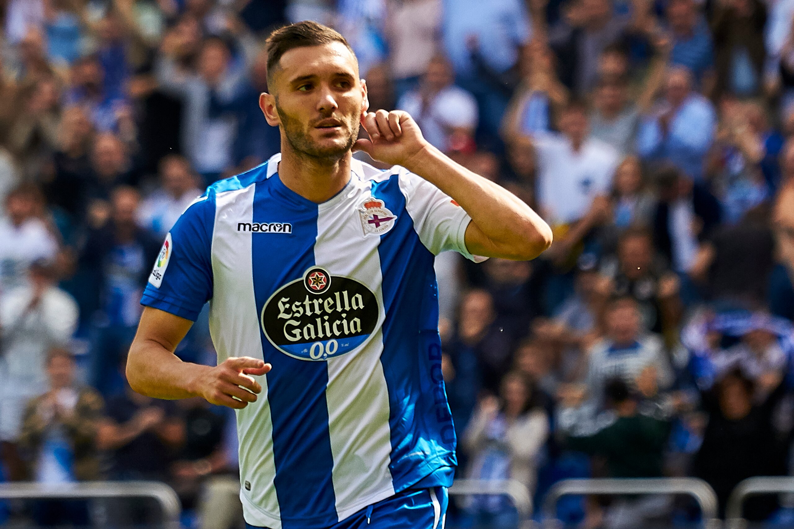 LA CORUNA, SPAIN - SEPTEMBER 30:  Lucas Perez of Deportivo de La Coruna celebrates a goal during the La Liga match between Deportivo La Coruna and Getafe at Abanca Riazor Stadium on September 30, 2017 in La Coruna, Spain.  (Photo by fotopress/Getty Images