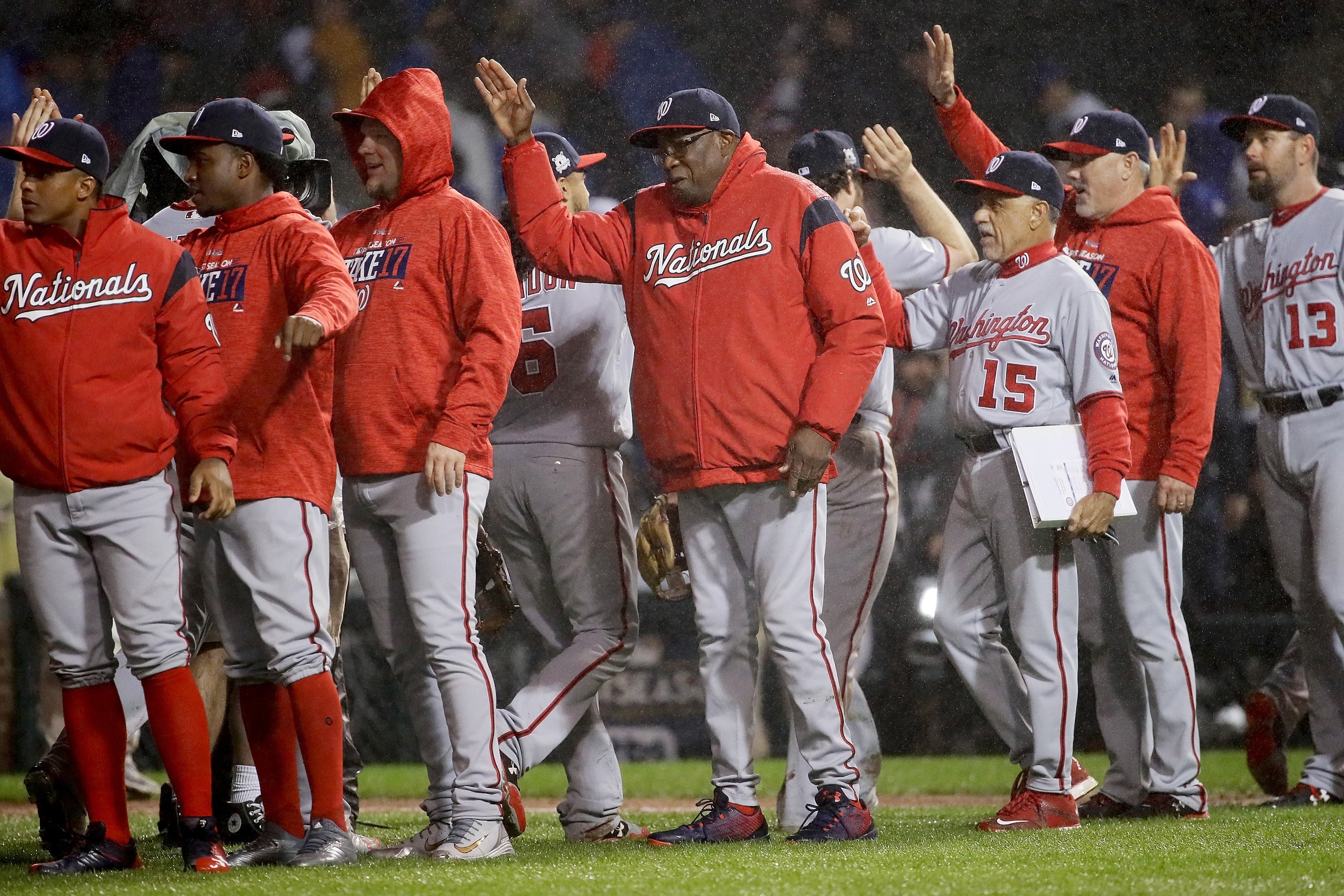 CHICAGO, IL - OCTOBER 11:  Manager Dusty Baker of the Washington Nationals celebrates with his team after defeating the Chicago Cubs 5-0 in game four of the National League Division Series at Wrigley Field on October 11, 2017 in Chicago, Illinois. (Photo 