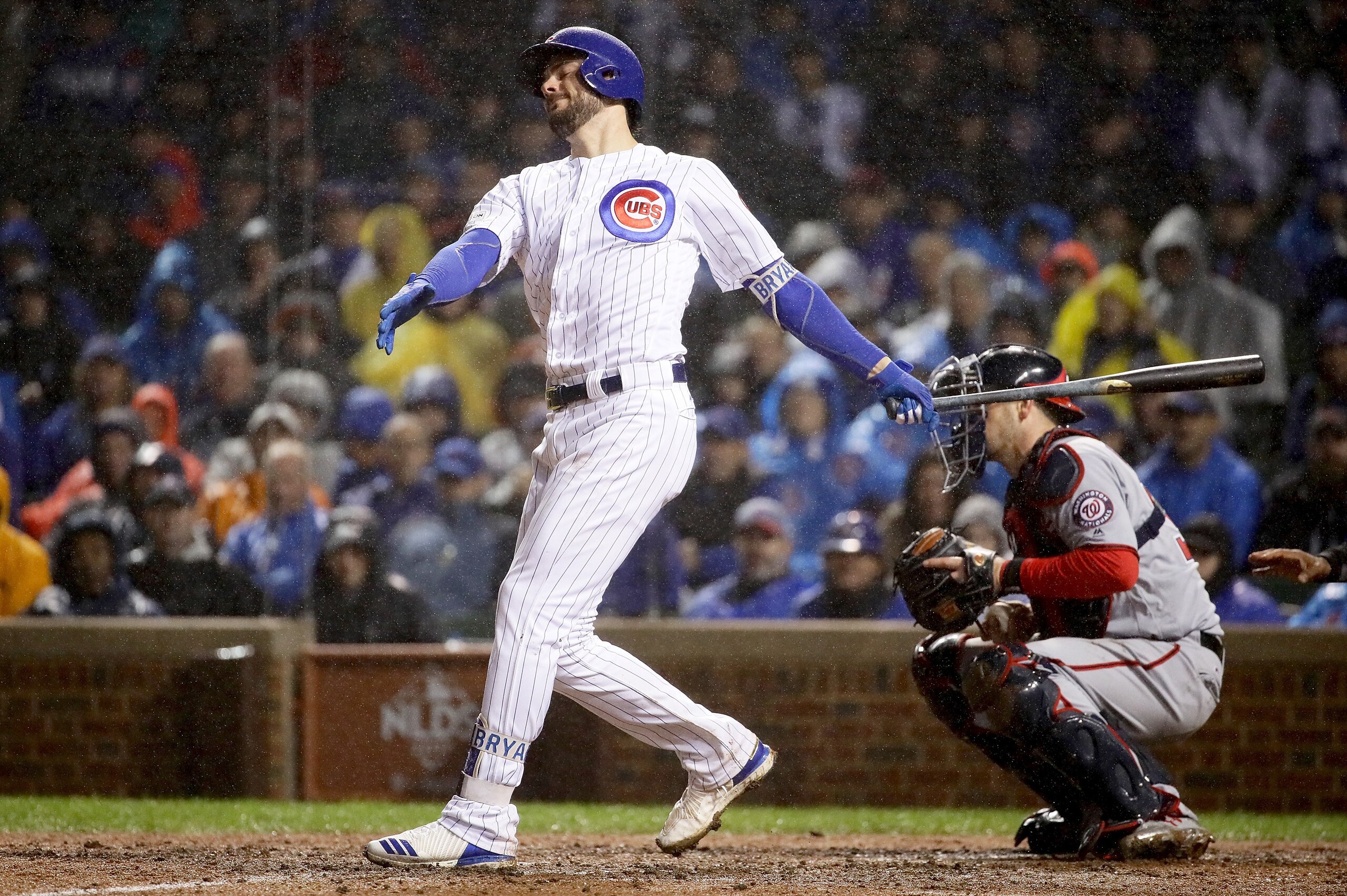 CHICAGO, IL - OCTOBER 11:  Kris Bryant #17 of the Chicago Cubs strikes out in the eighth inning during game four of the National League Division Series against the Washington Nationals at Wrigley Field on October 11, 2017 in Chicago, Illinois. (Photo by J