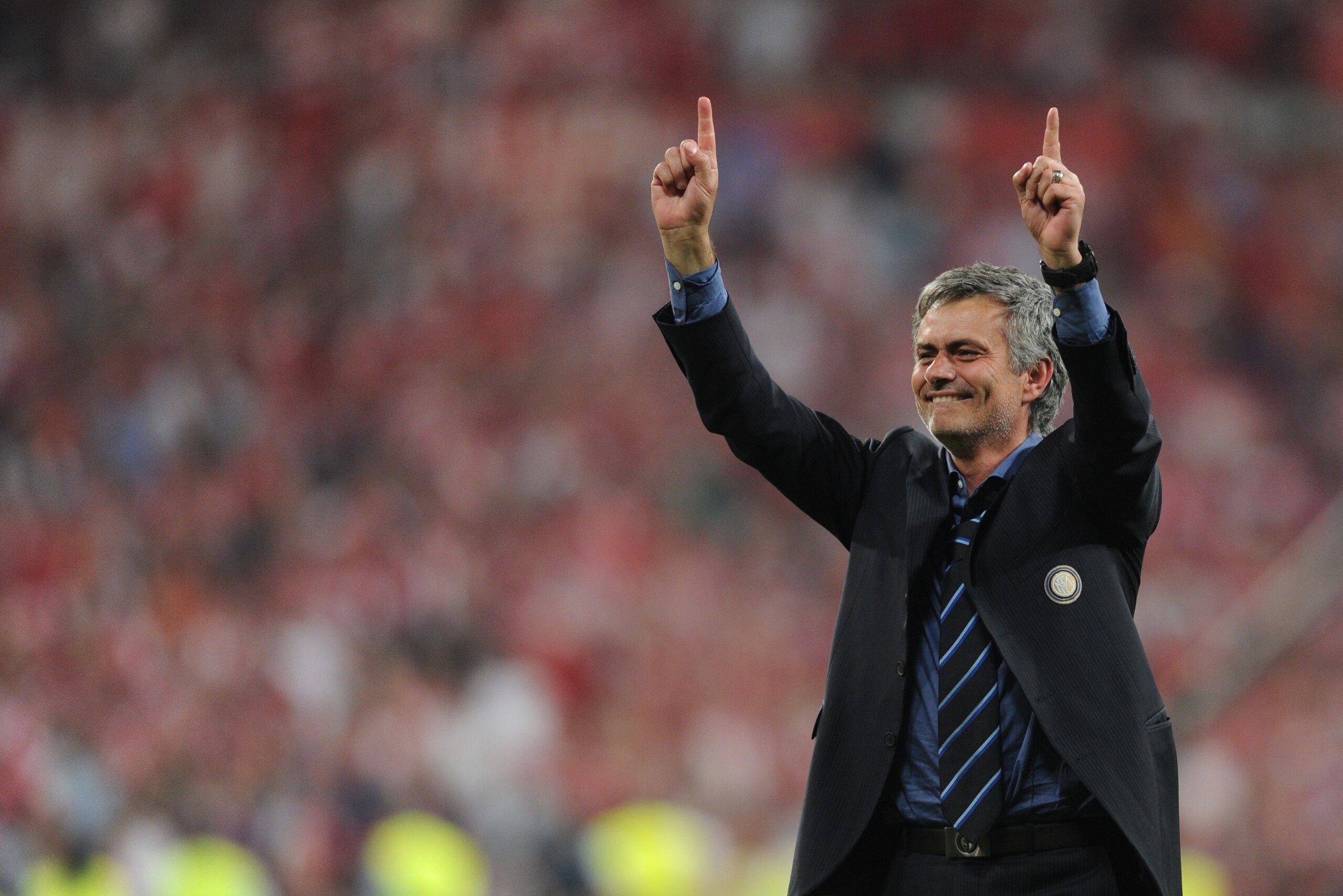 Inter Milan's Portuguese coach Jose Mourinho celebrates after winning the UEFA Champions League final football match Inter Milan against Bayern Munich at the Santiago Bernabeu stadium in Madrid on May 22, 2010. Inter Milan won the Champions League with a 