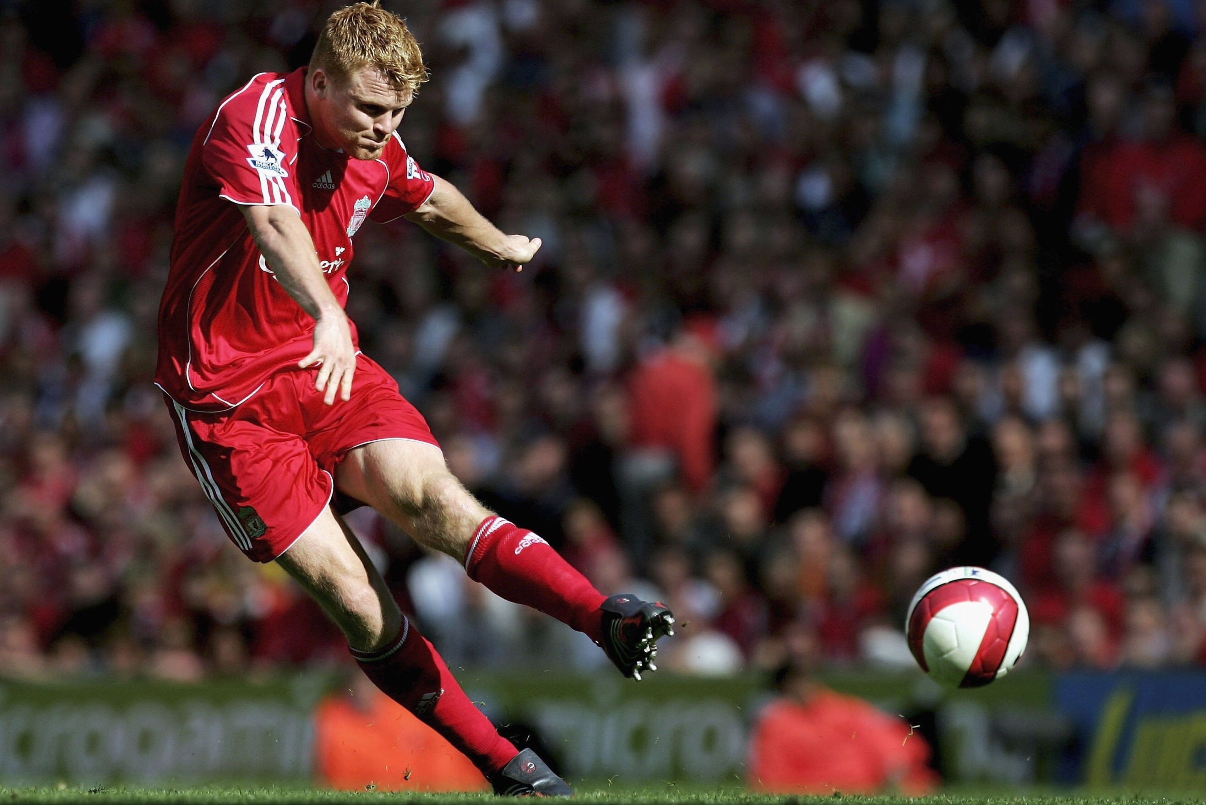LIVERPOOL, UNITED KINGDOM - SEPTEMBER 23:  John Arne Riise of Liverpool scores the third goal during the Barclays Premiership match between Liverpool and Tottenham Hotspur at Anfield on September 23, 2006 in Liverpool, England.  (Photo by Laurence Griffit