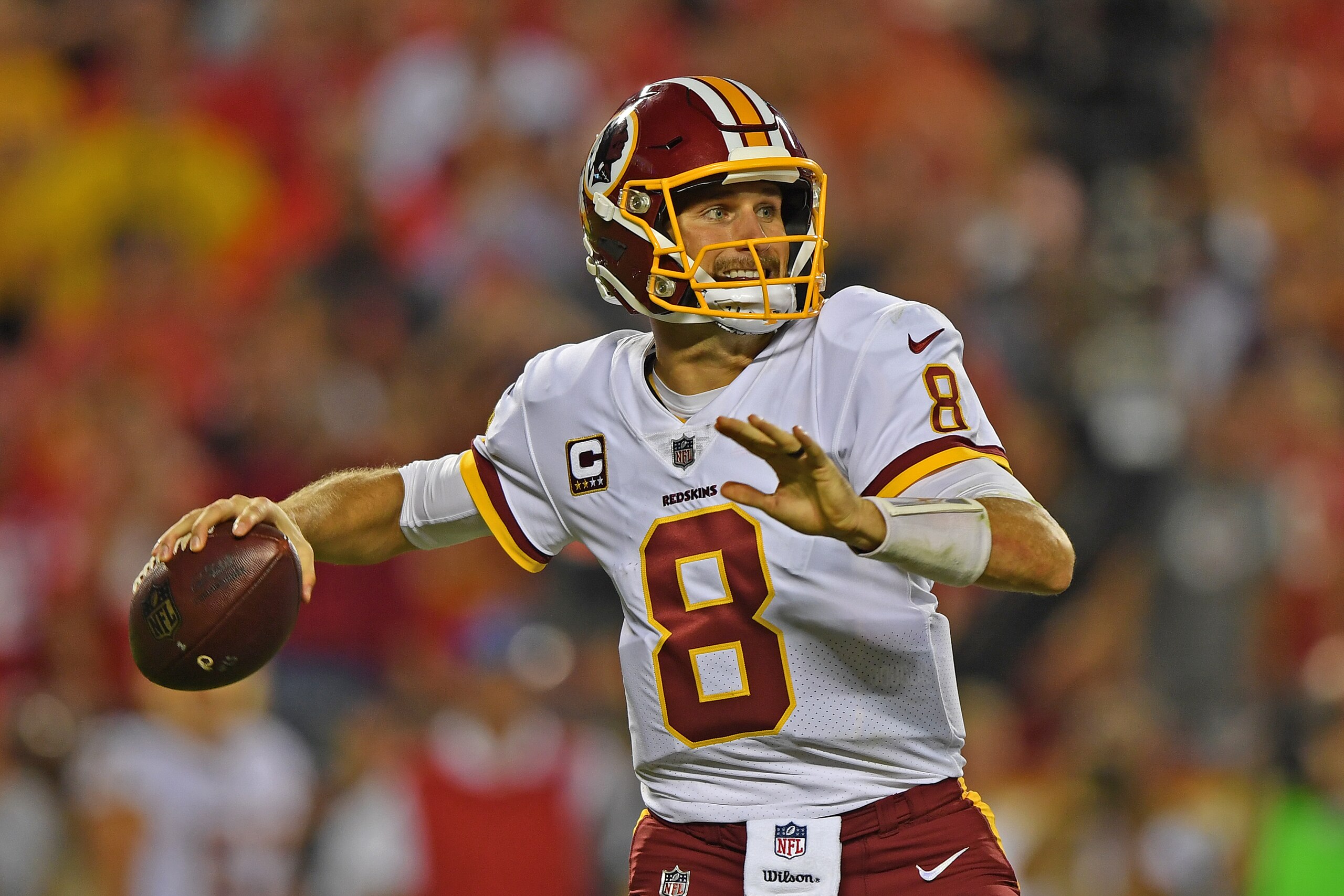 KANSAS CITY, MO - OCTOBER 02:  Quarterback Kirk Cousins #8 of the Washington Redskins throws a pass against the Kansas City Chiefs during the first half on October 2, 2017 at Arrowhead Stadium in Kansas City, Missouri.  (Photo by Peter G. Aiken/Getty Imag