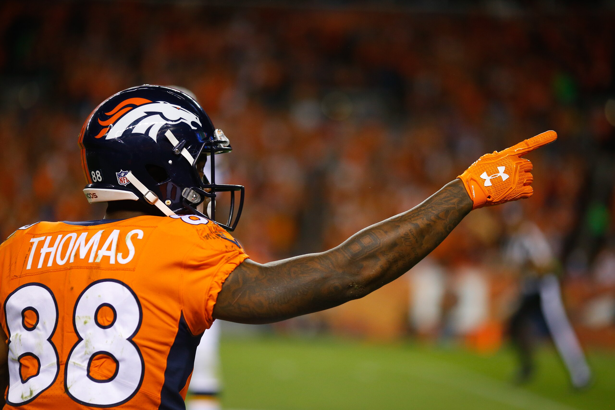 DENVER, CO - SEPTEMBER 11:  Wide receiver Demaryius Thomas #88 of the Denver Broncos signals for a first down after making a catch against the Los Angeles Chargers at Sports Authority Field at Mile High on September 11, 2017 in Denver, Colorado. (Photo by