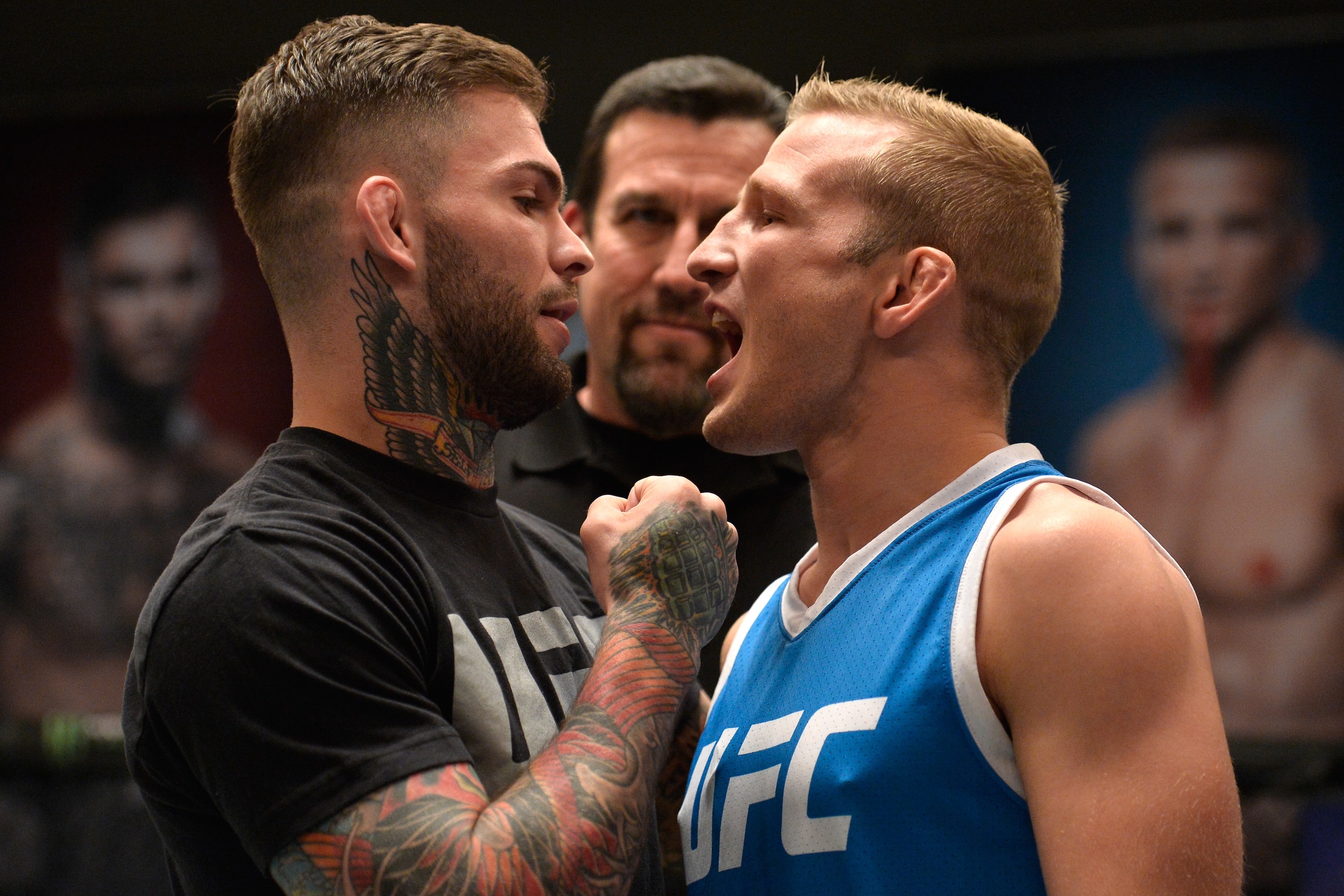 LAS VEGAS, NV - MARCH 01:  (L-R) UFC bantamweight champion Cody Garbrandt and TJ Dillashaw face off during the filming of The Ultimate Fighter: Redemption at the UFC TUF Gym on March1, 2017 in Las Vegas, Nevada. (Photo by Brandon Magnus/Zuffa LLC/Zuffa LL