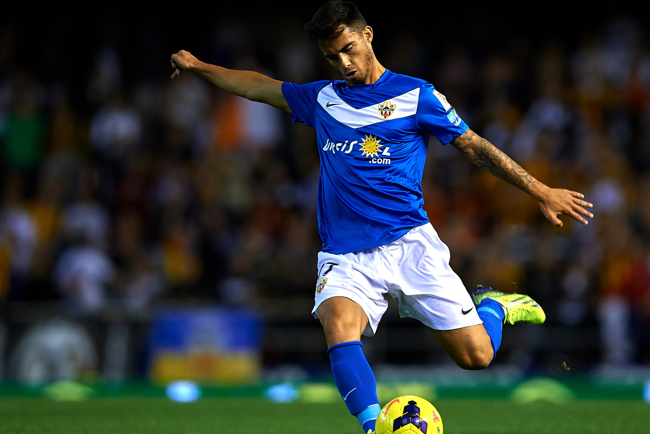 VALENCIA, SPAIN - OCTOBER 30:  Suso of Almeria in action during the La Liga match between Valencia CF and UD Almeria at Estadio Mestalla on October 30, 2013 in Valencia, Spain.  (Photo by Manuel Queimadelos Alonso/Getty Images)