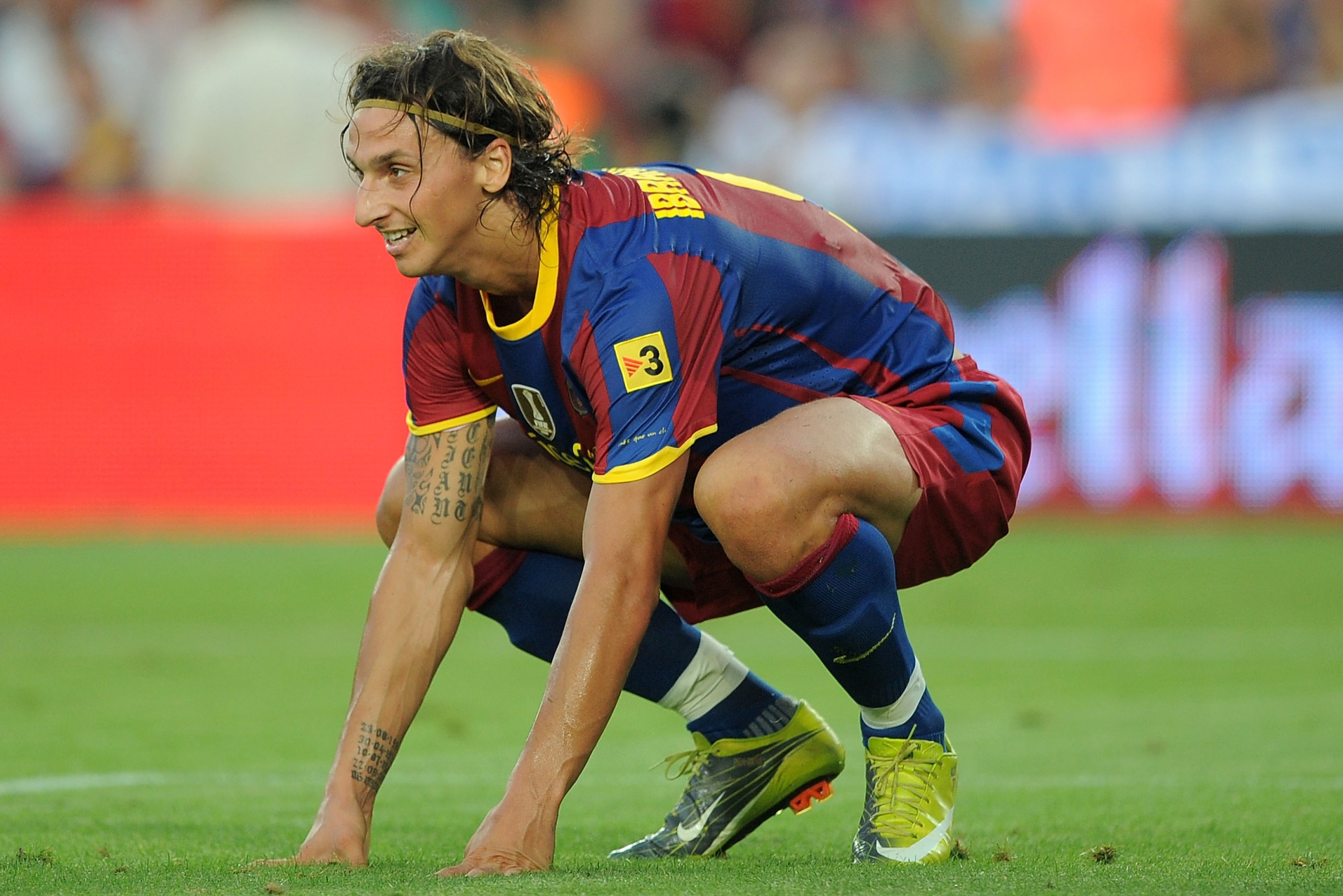 BARCELONA, SPAIN - AUGUST 25:  Zlatan Ibrahimovic of Barcelona gets up during the Joan Gamper Trophy match between Barcelona and AC Milan at Camp Nou stadium on August 25, 2010 in Barcelona, Spain.  (Photo by Denis Doyle/Getty Images)