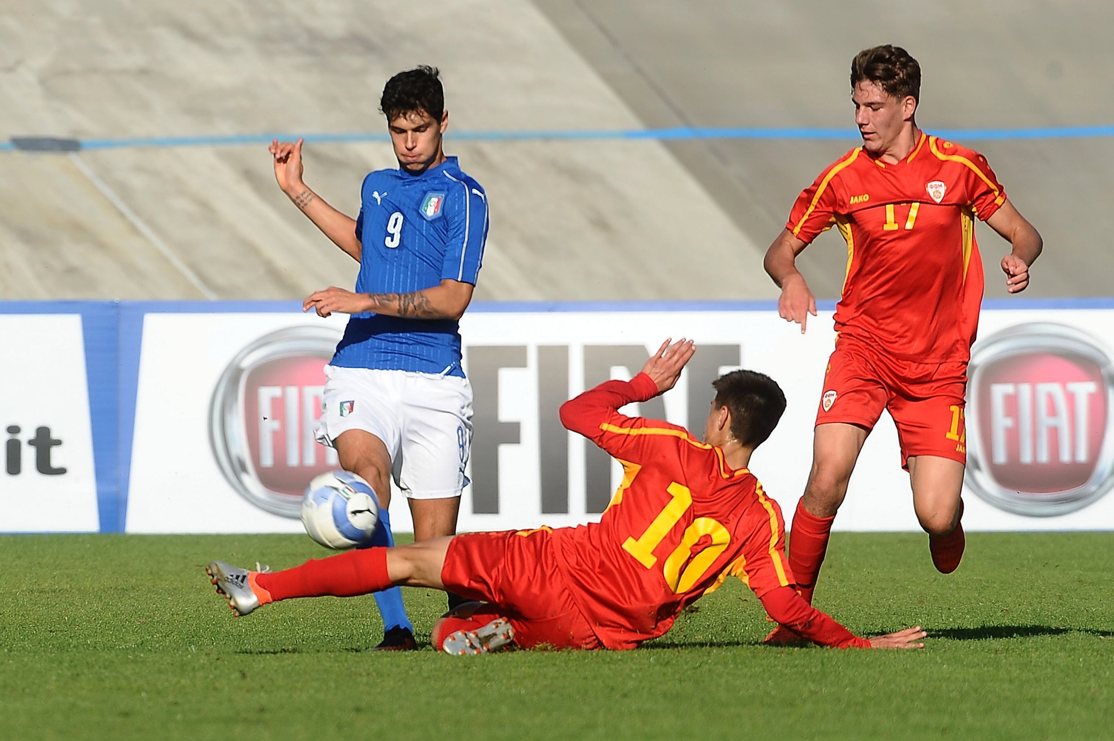 FORLI, ITALY - OCTOBER 28: Pietro Pellegri # 9 of Italy Under - 17 (L) competes the ball with Enis Fazlagikj # 10 of Macedonia Under - 17 ( R ) during the UEFA European Under-17 Championship Qualifier between Italy and Macedonia at Stadio Tullio Morgani FORLI, ITALY - OCTOBER 28: Pietro Pellegri # 9 of Italy Under - 17 (L) competes the ball with Enis Fazlagikj # 10 of Macedonia Under - 17 ( R ) during the UEFA European Under-17 Championship Qualifier between Italy and Macedonia at Stadio Tullio Morgani