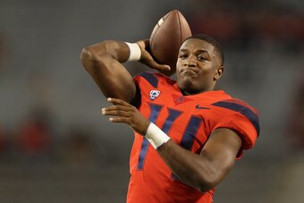 TUCSON, AZ - SEPTEMBER 02:  Quarterback Khalil Tate #14 of the Arizona Wildcats warms up before the college football game against the Northern Arizona Lumberjacks at Arizona Stadium on September 2, 2017 in Tucson, Arizona.  (Photo by Christian Petersen/Ge