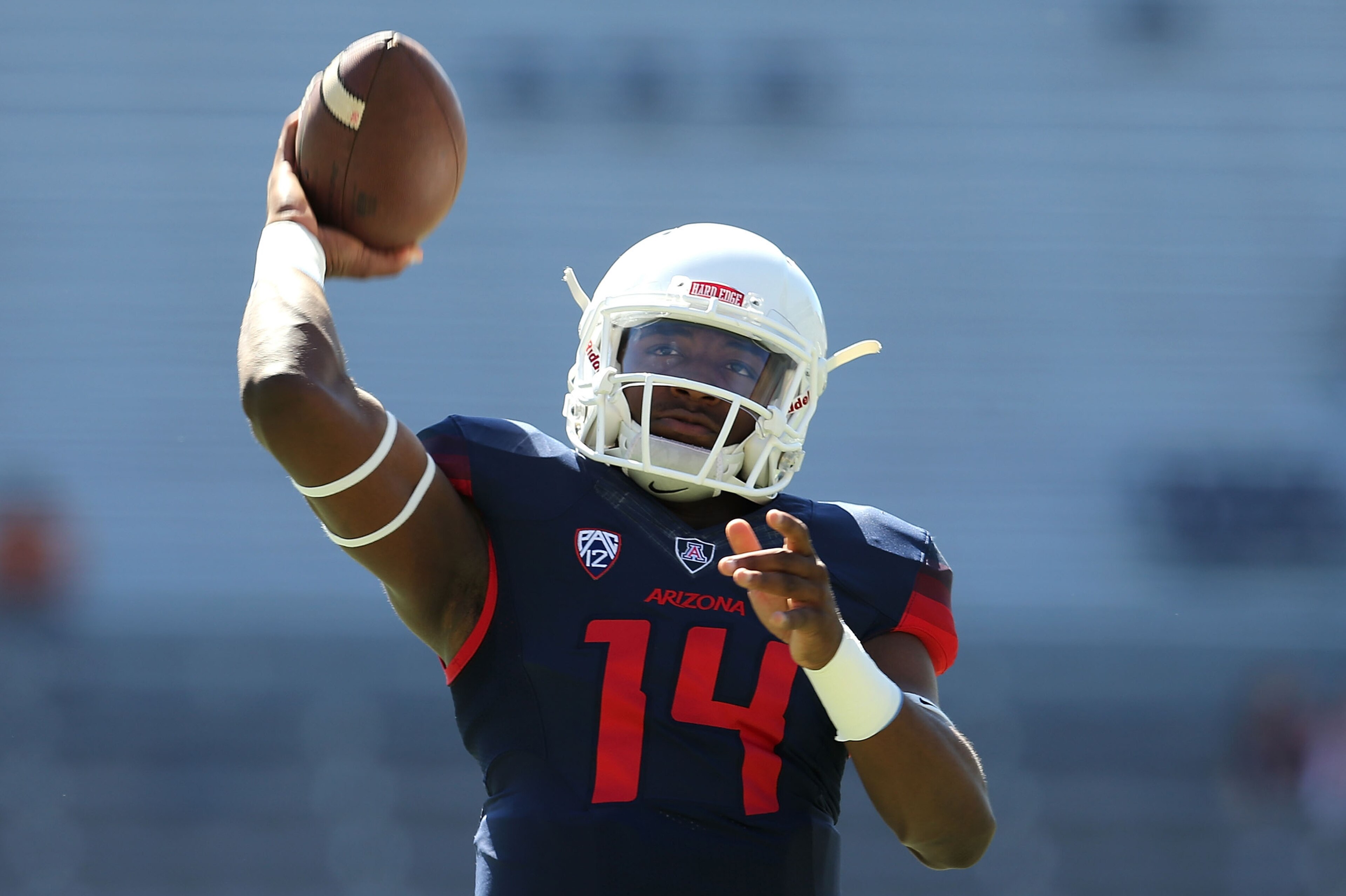 TUCSON, AZ - OCTOBER 15: Quarterback Khalil Tate #14 of the Arizona Wildcats warms up prior to the college football game against the USC Trojans at Arizona Stadium on October 15, 2016 in Tucson, Arizona. (Photo by Chris Coduto/Getty Images)