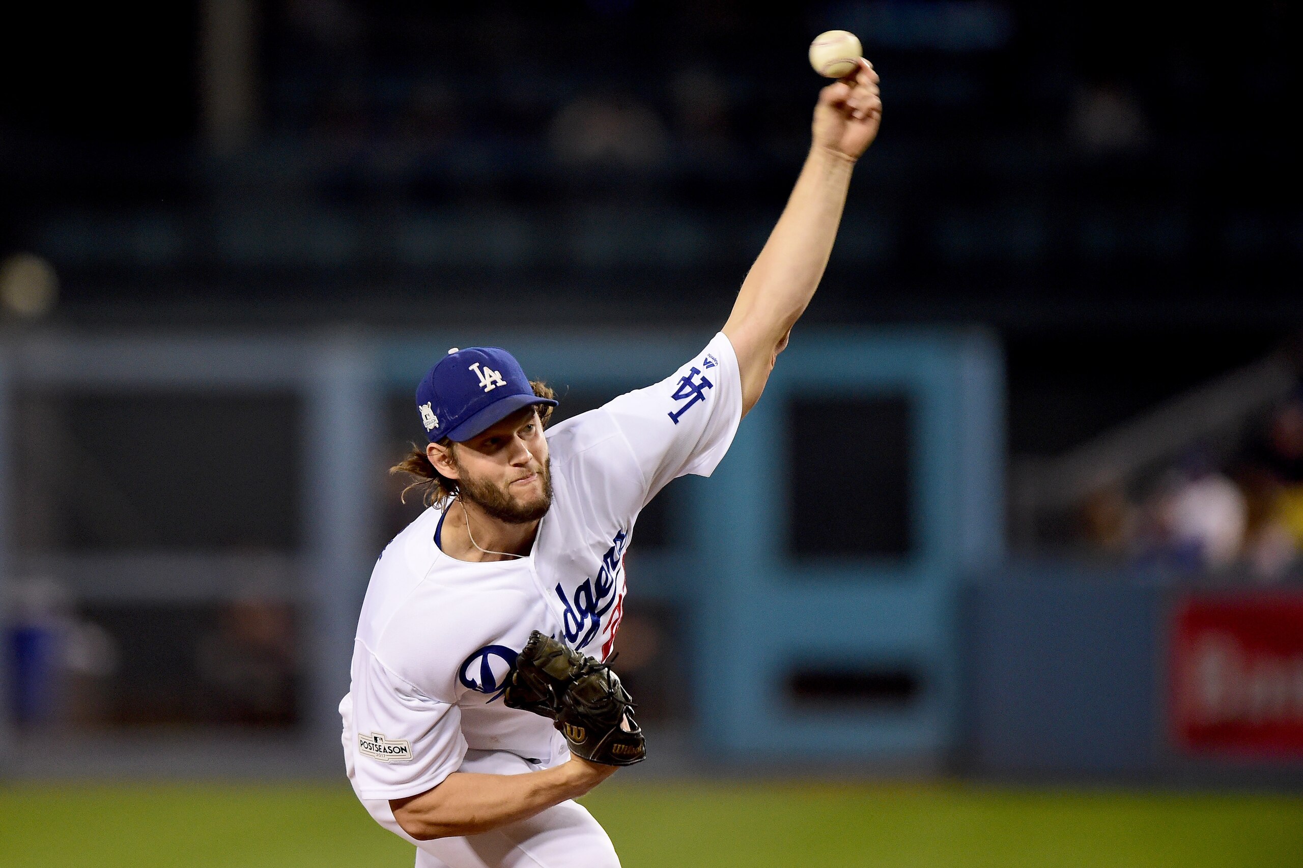 LOS ANGELES, CA - OCTOBER 06:  Clayton Kershaw #22 of the Los Angeles Dodgers pitches in the first inning against the Arizona Diamondbacks in game one of the National League Division Series at Dodger Stadium on October 6, 2017 in Los Angeles, California. 