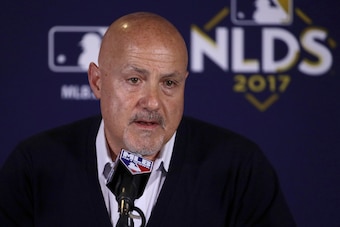 CHICAGO, IL - OCTOBER 11:  General mananger Mike Rizzo of the Washington Nationals speaks to the media before game four of the National League Division Series against the Chicago Cubs at Wrigley Field on October 11, 2017 in Chicago, Illinois.  (Photo by J