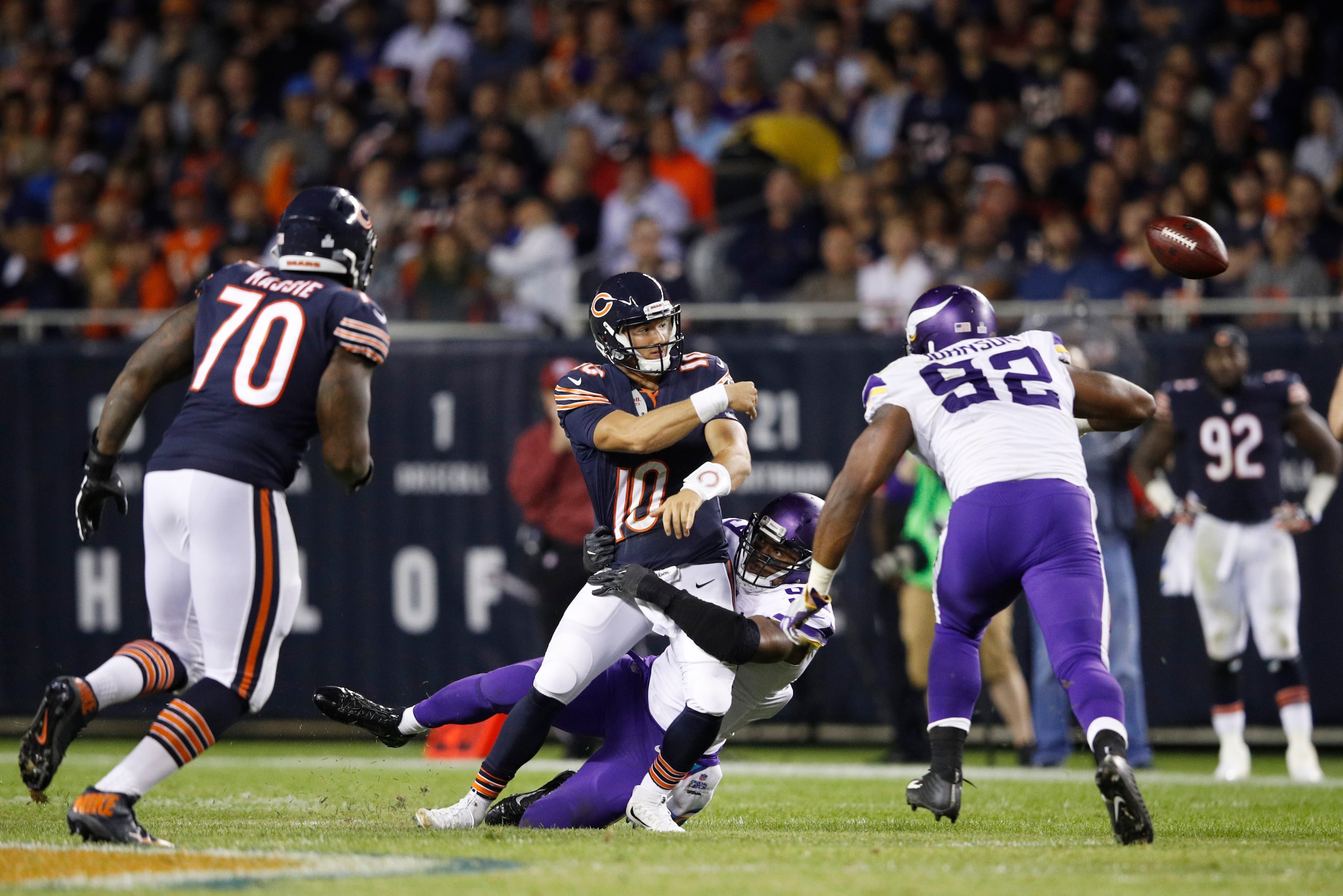 Mitchell Trubisky made his first start as quarterback against the Minnesota Vikings on Monday Night Football. Mitchell Trubisky made his first start as quarterback against the Minnesota Vikings on Monday Night Football.