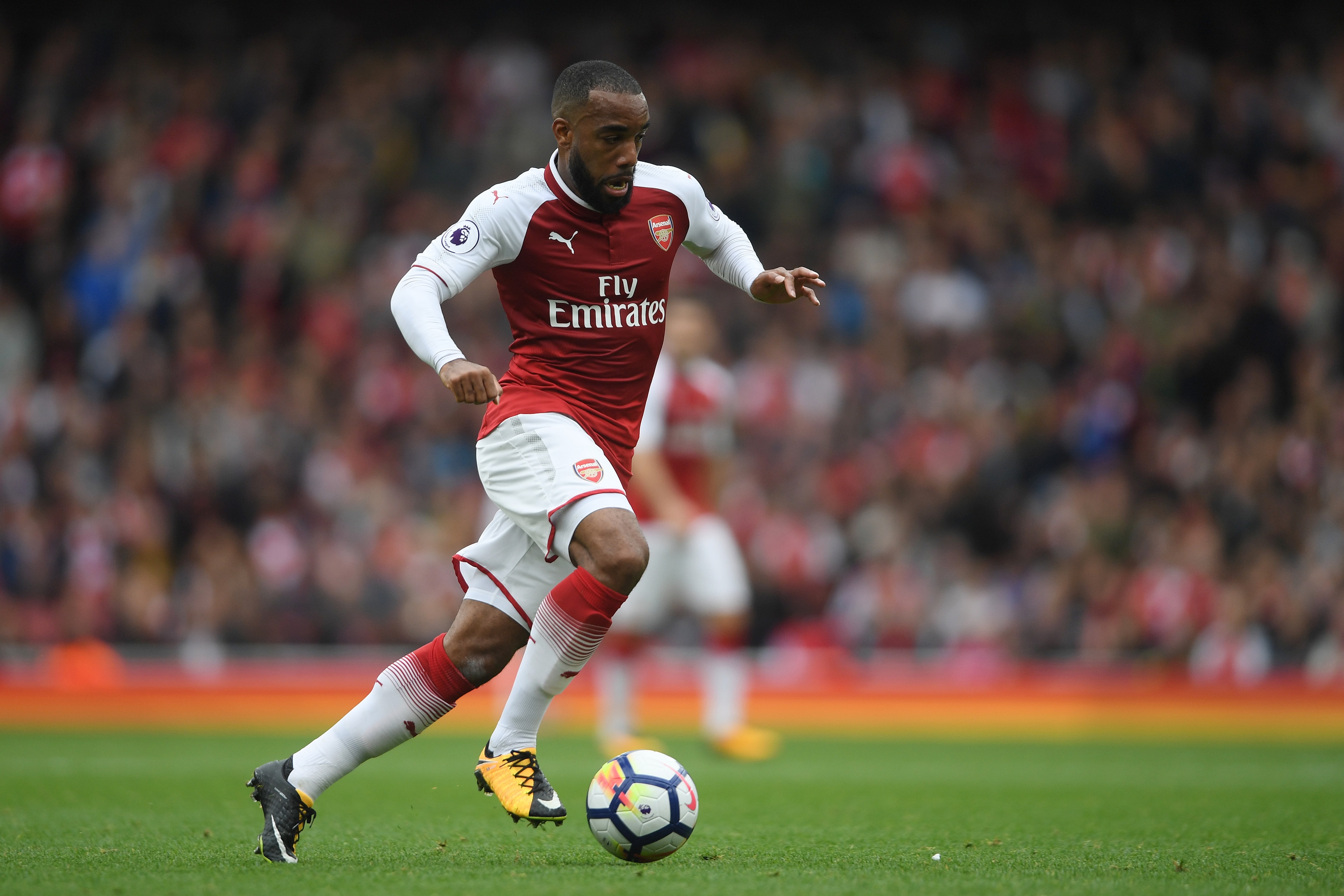 LONDON, ENGLAND - OCTOBER 01: Alexandre Lacazette of Arsenal in action during the Premier League match between Arsenal and Brighton and Hove Albion at Emirates Stadium on October 1, 2017 in London, England. (Photo by Mike Hewitt/Getty Images) LONDON, ENGLAND - OCTOBER 01: Alexandre Lacazette of Arsenal in action during the Premier League match between Arsenal and Brighton and Hove Albion at Emirates Stadium on October 1, 2017 in London, England. (Photo by Mike Hewitt/Getty Images)